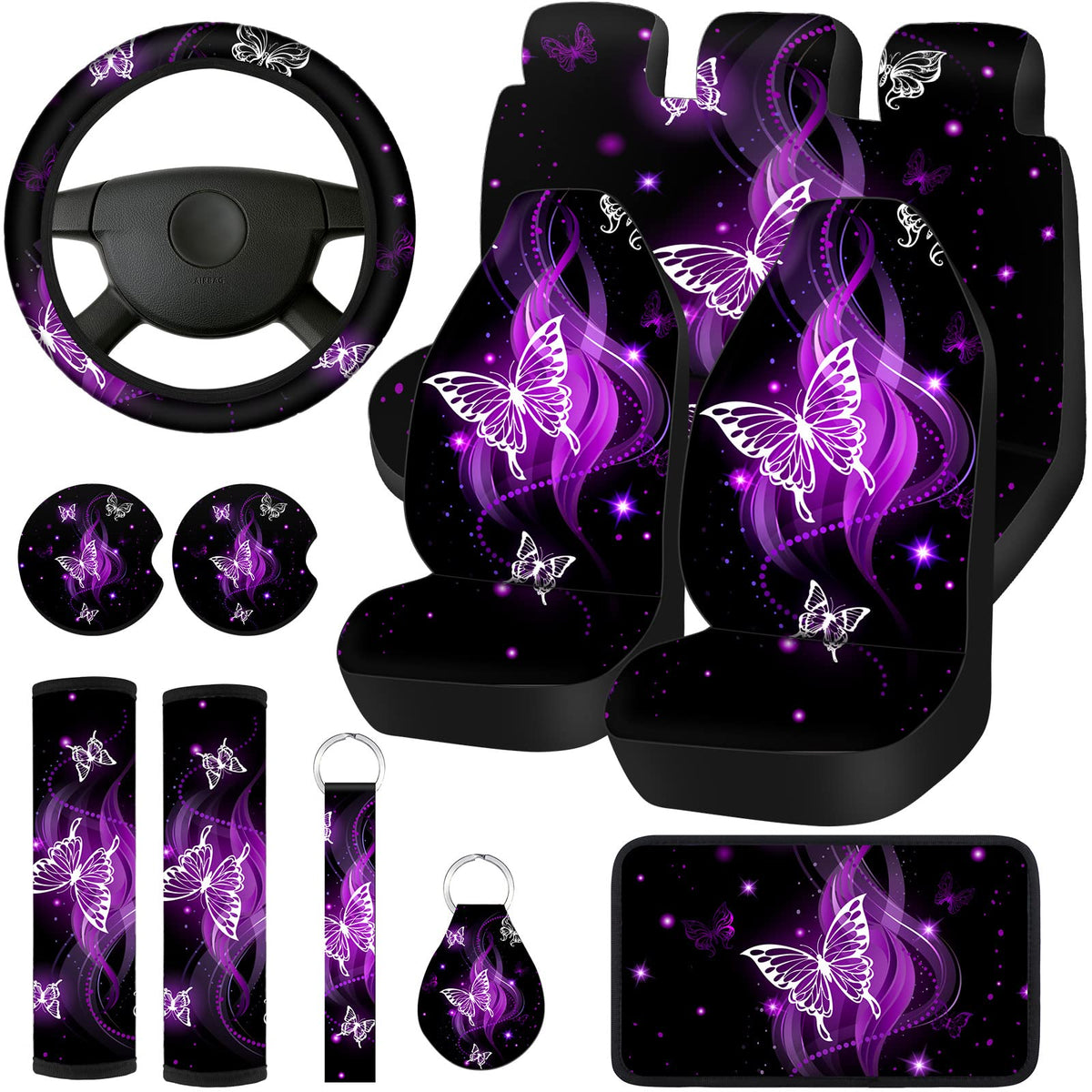 15 Pcs Butterfly Car Seat Covers Full Set Butterfly Front Rear Seat Covers Steering Wheel Cover Wrist Strap Coasters Armrest Sho