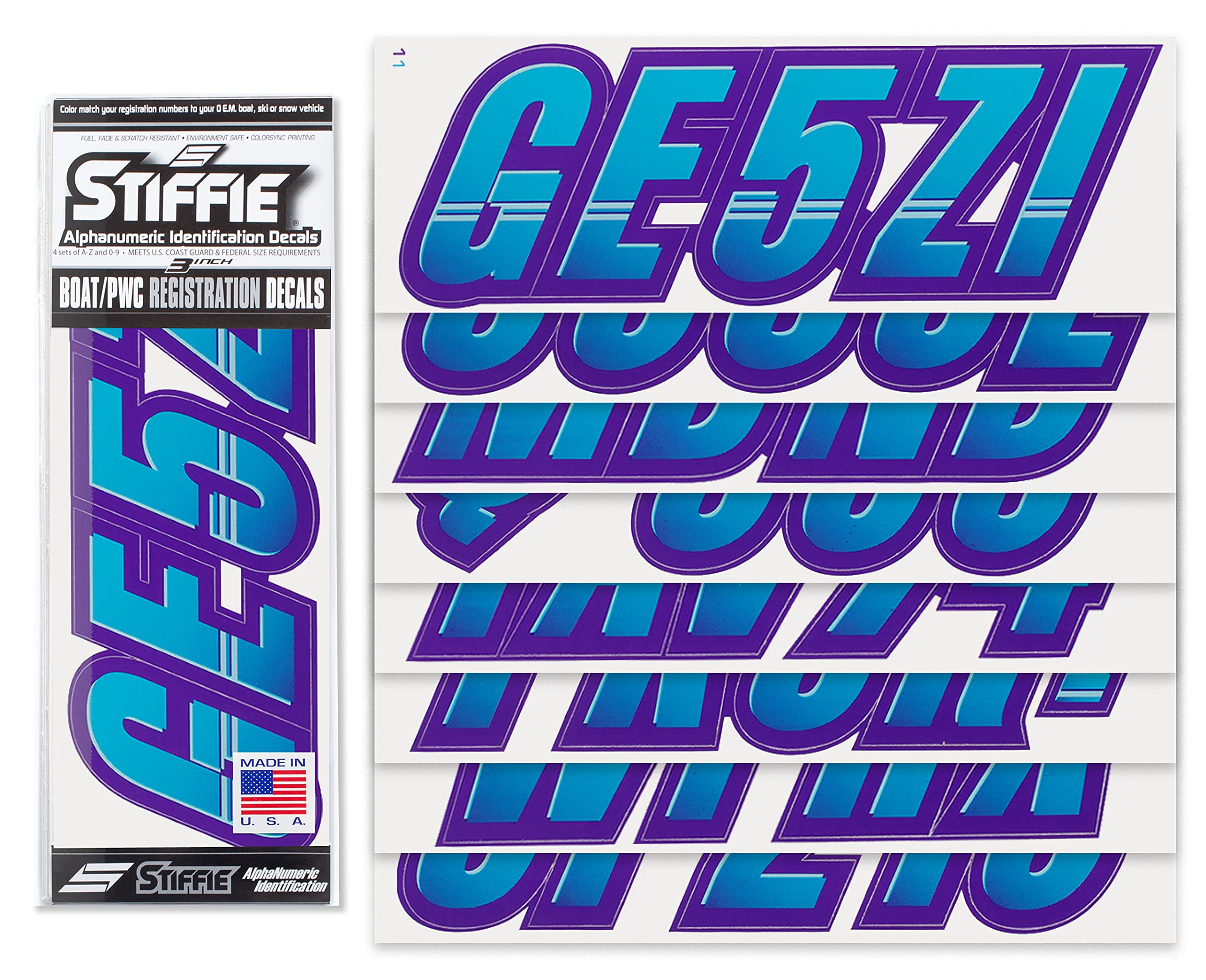 Stiffie Techtron Sky Blue/Purple 3 '' Boat & Pwc Registration Decals  Numbers Letters Stickers