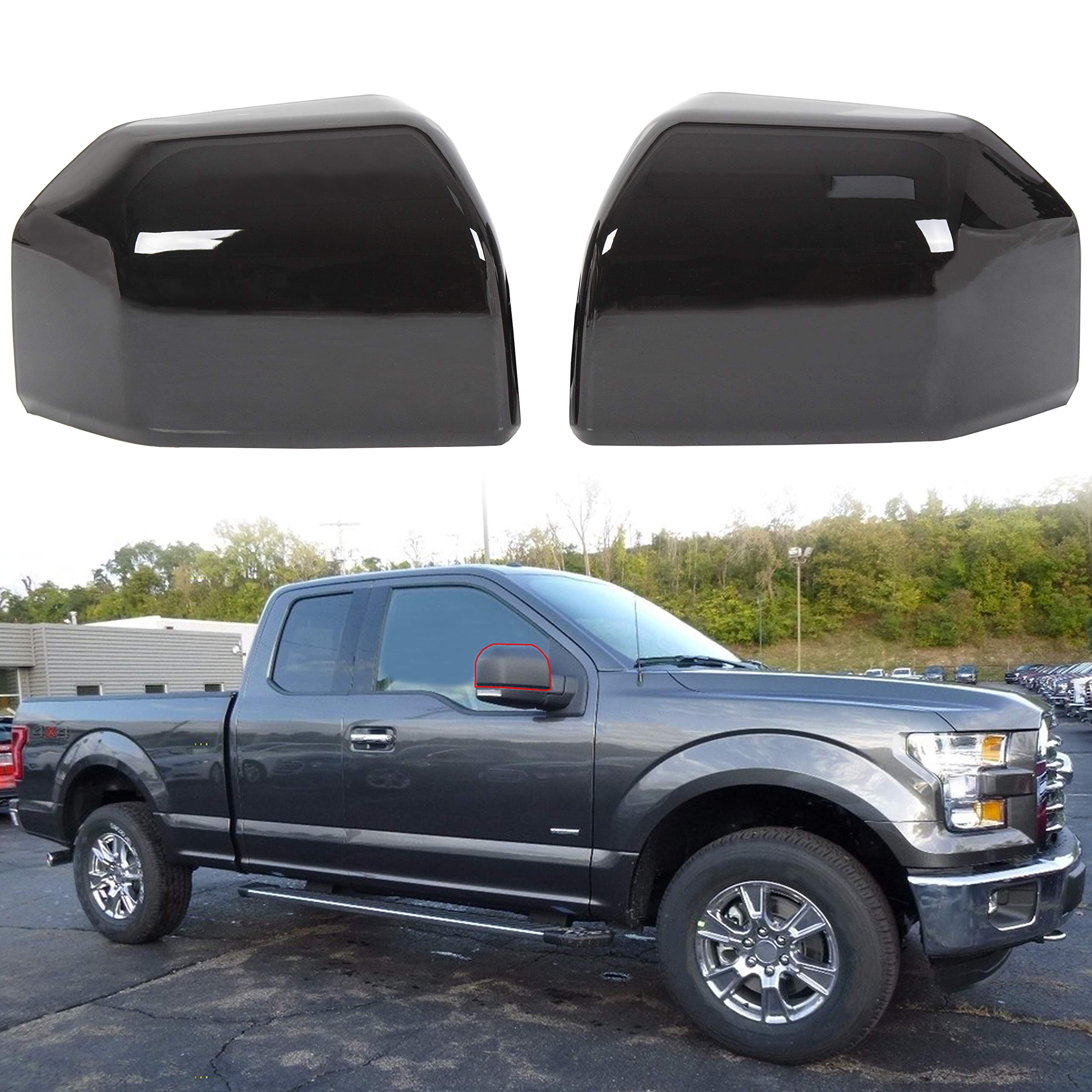 ECOTRIC Top Half Upper Driver/Passenger Side View Gloss Black Mirror Covers for 2015-2020 Ford F150 F-150 (Set of 2 Mirror Cover