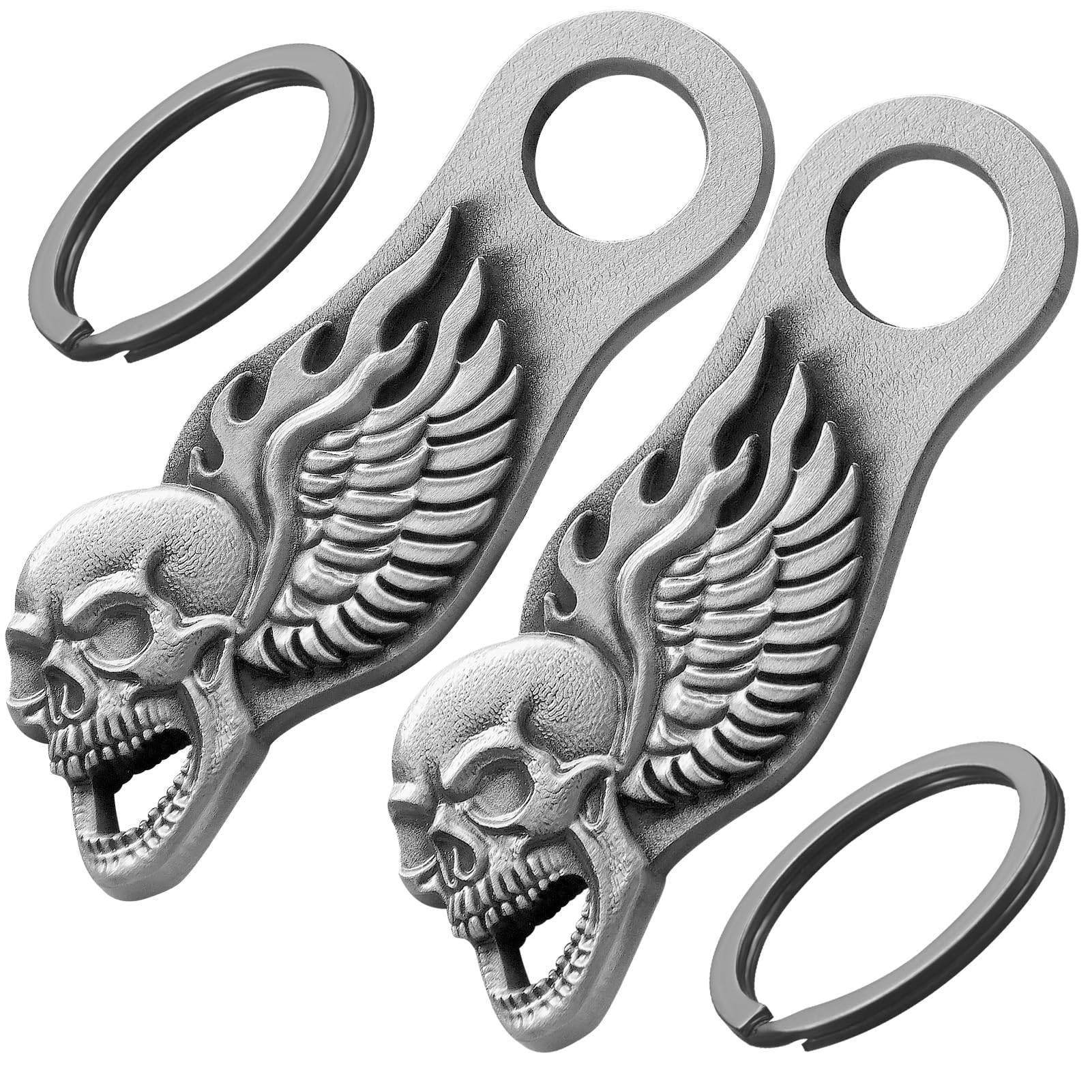Zorleniva Motorcycle Bell Hanger 2 Packs Skull Wing Guardian Gremlin Bells Hangers Accessory with 2 Key Chain Rings (Antique Sil