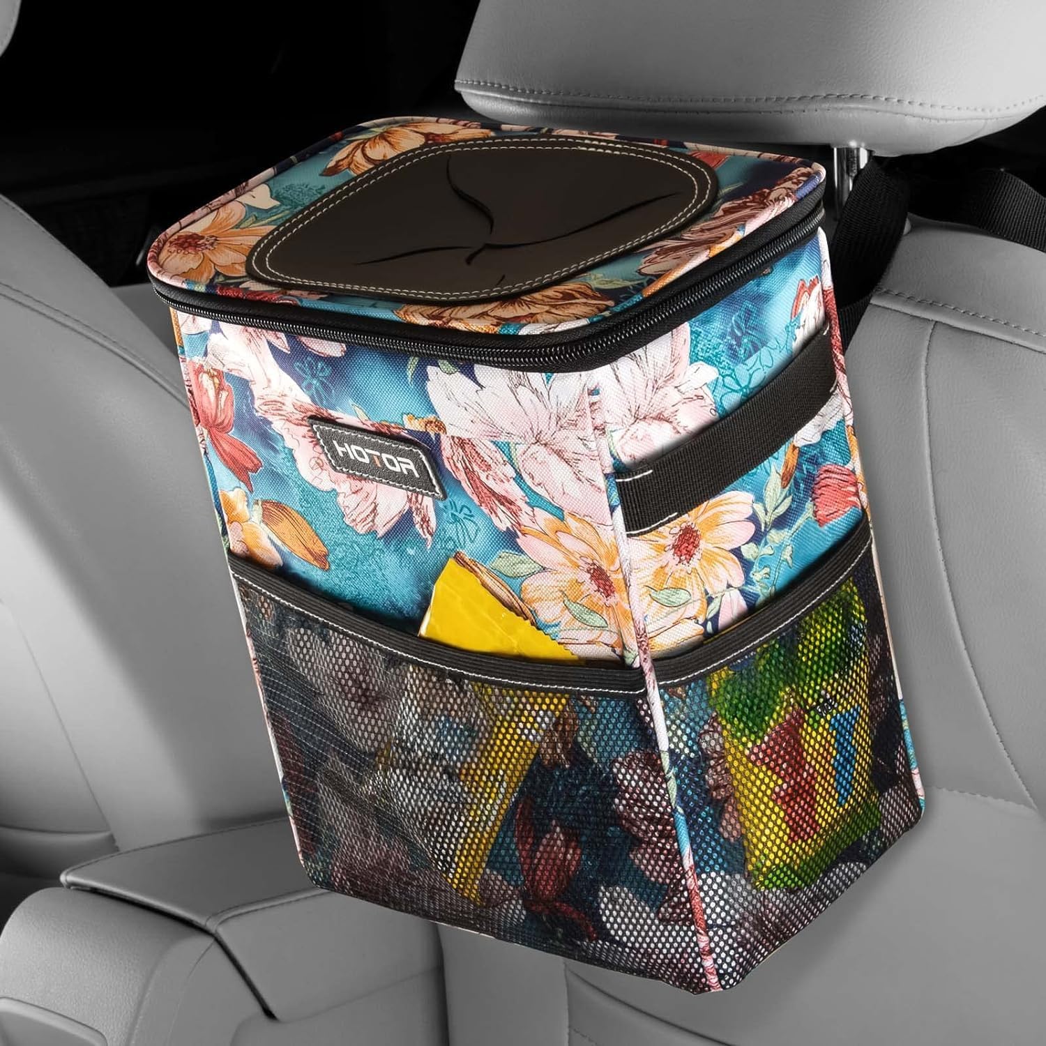 Hotor Car Trash Can With Lid And Storage Pockets - 100% Leak-Proof Organizer, Waterproof Garbage Can, Multipurpose Trash Bin For