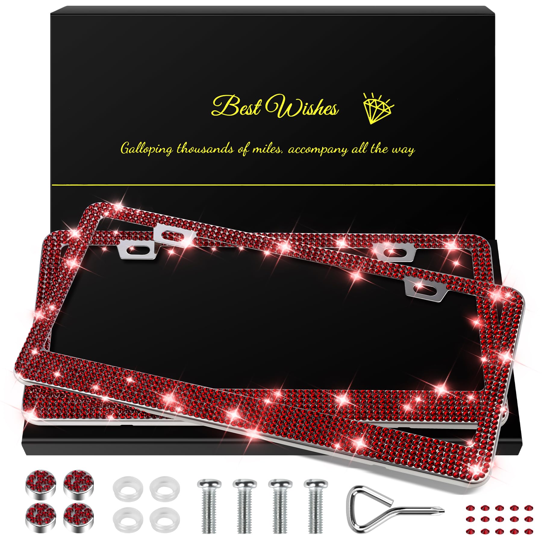 Quanqiufei 2 Pack Bling License Plate Frames For Women, Sparkly Rhinestone Diamond Car Accessories With Glitter Crystal Caps (Bu