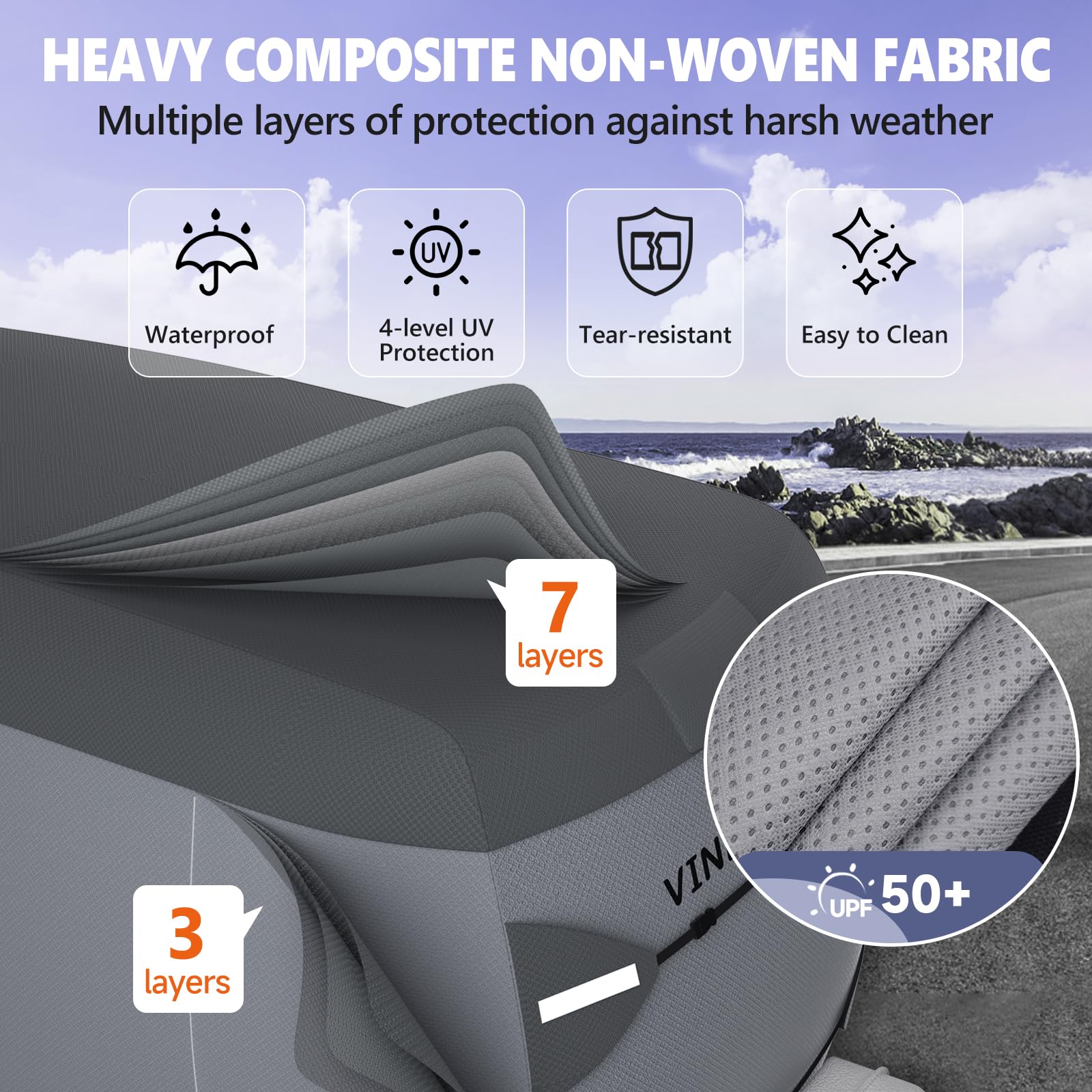 VINPATIO Fiberglass Travel Trailer Cover - Fits 13'-16' Trailers, Windproof Strap, RV Cover, Grey