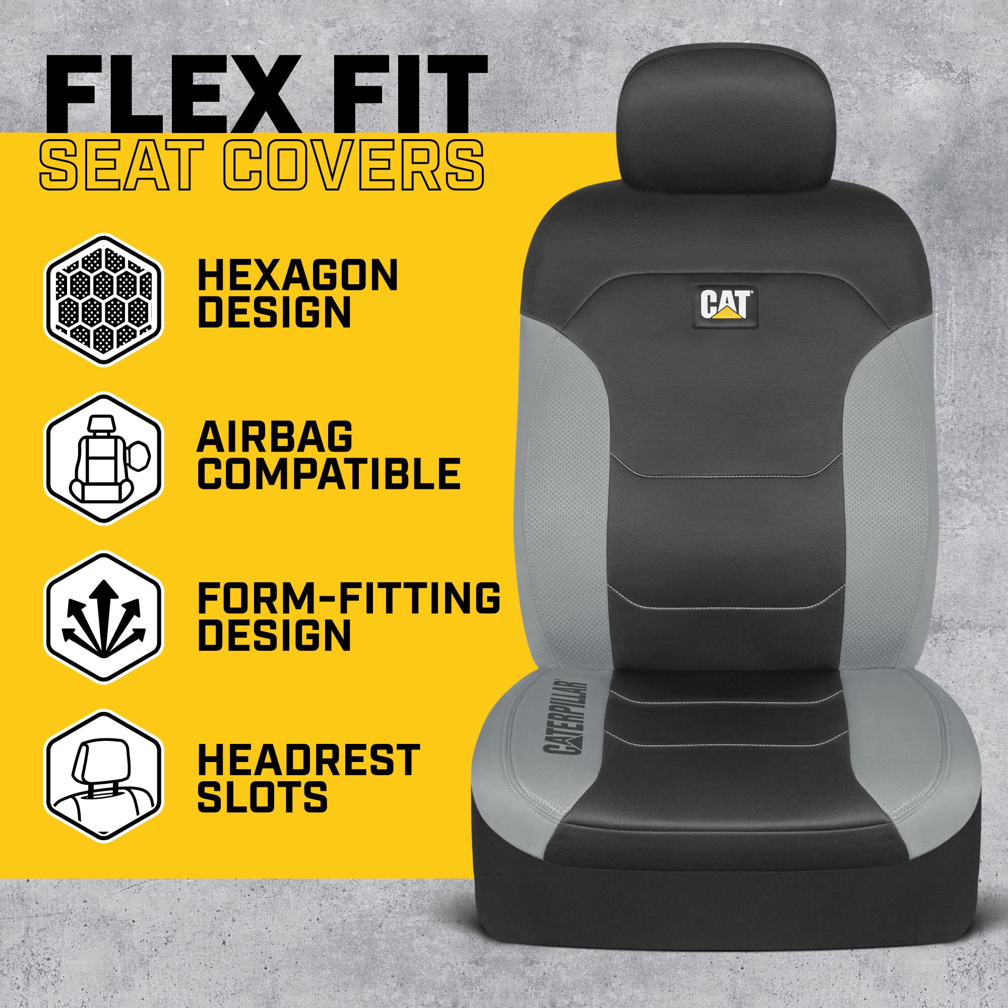 Caterpillar Flexfit Automotive Seat Covers for Cars Trucks and SUVs (Set of 2) - Black Seat Covers for Front Seats, Seat Protectors with Gray Honeycomb Trim, Auto Interior Covers