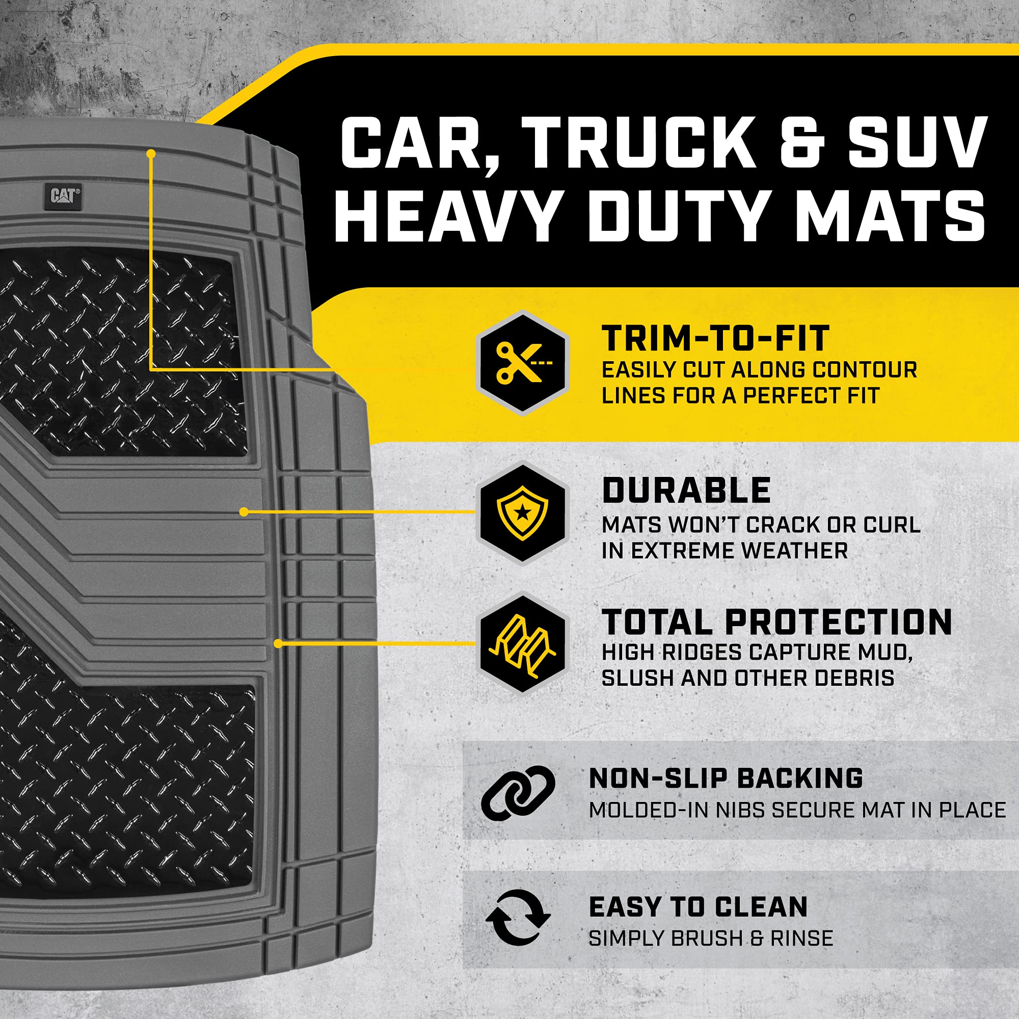 CAT DiamondShield Rubber Floor Mats for Cars Trucks SUVs, All Weather Protection Front & Rear Car Mats Set, Heel Pad & Anti-Slip