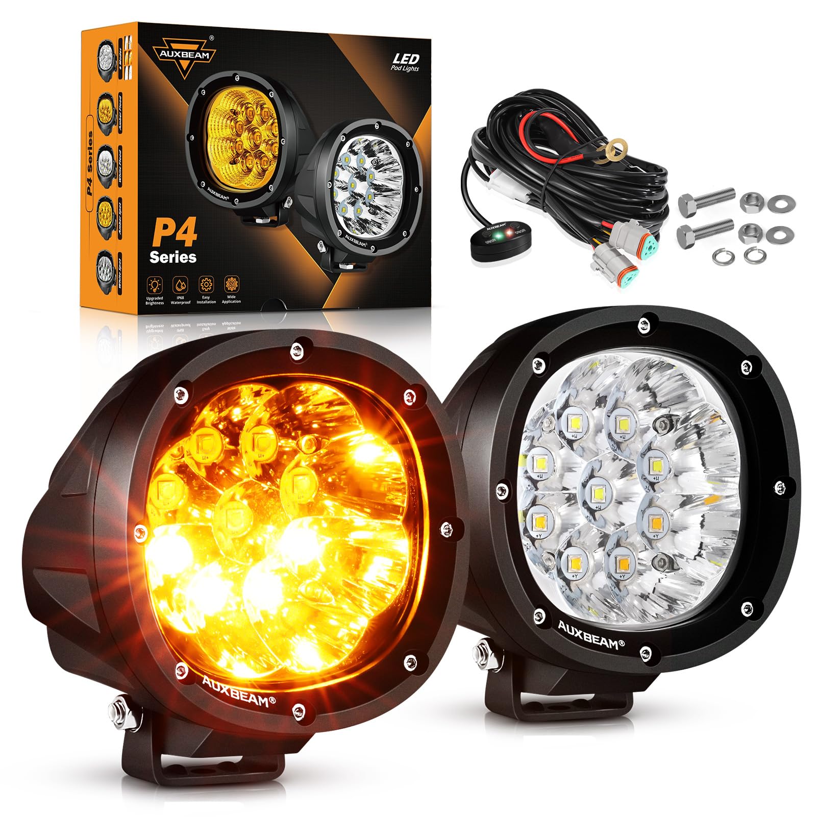 Auxbeam 6 Modes Amber White Round Led Offroad Lights, 4Inch 90W Dual Color Strobe Light Bar Off Road Fog Lights, Spot Beam Flash