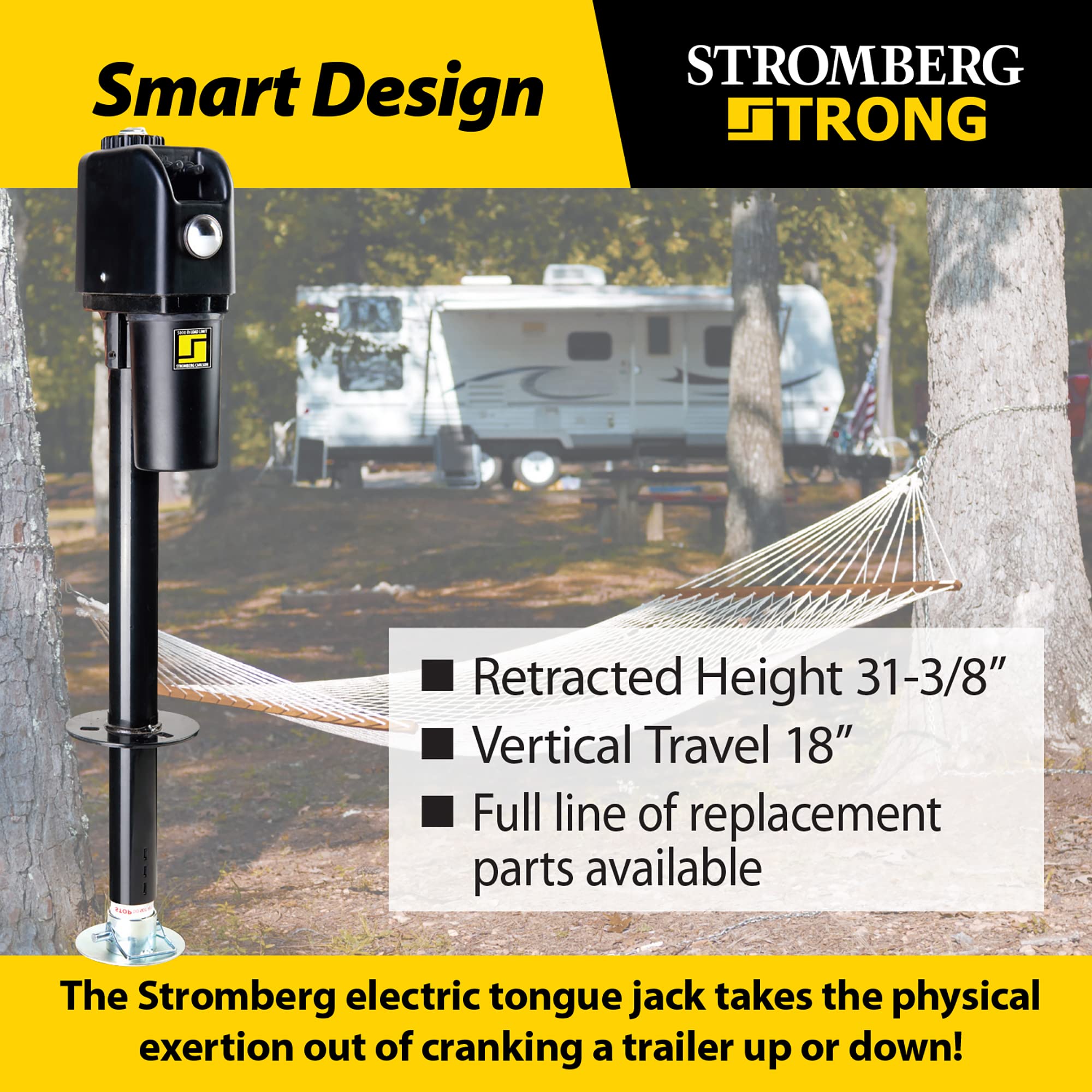 Stromberg Carlson Jet-2500 Electric Tongue Jack - Heavy Duty Jack With Motor Protection, 18 Vertical Travel, Stabilizing, Leveling & Lifting Rvs, Campers, Utility Trailers, Black, 2500 Lb Capacity