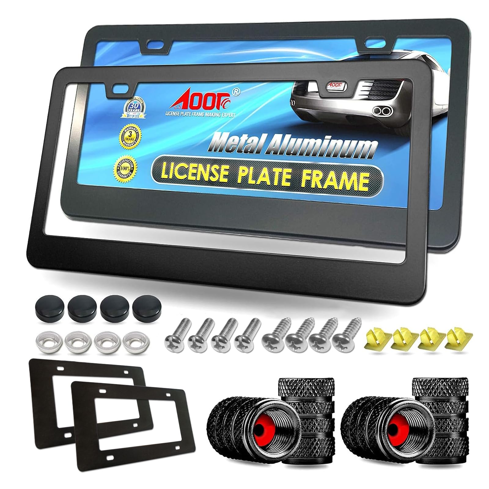 Aootf License Plate Frames- Matte Black Aluminum Car Tag Cover, 2 Pack Heavy Duty Front & Rear Holders For Women/Men, With Screw