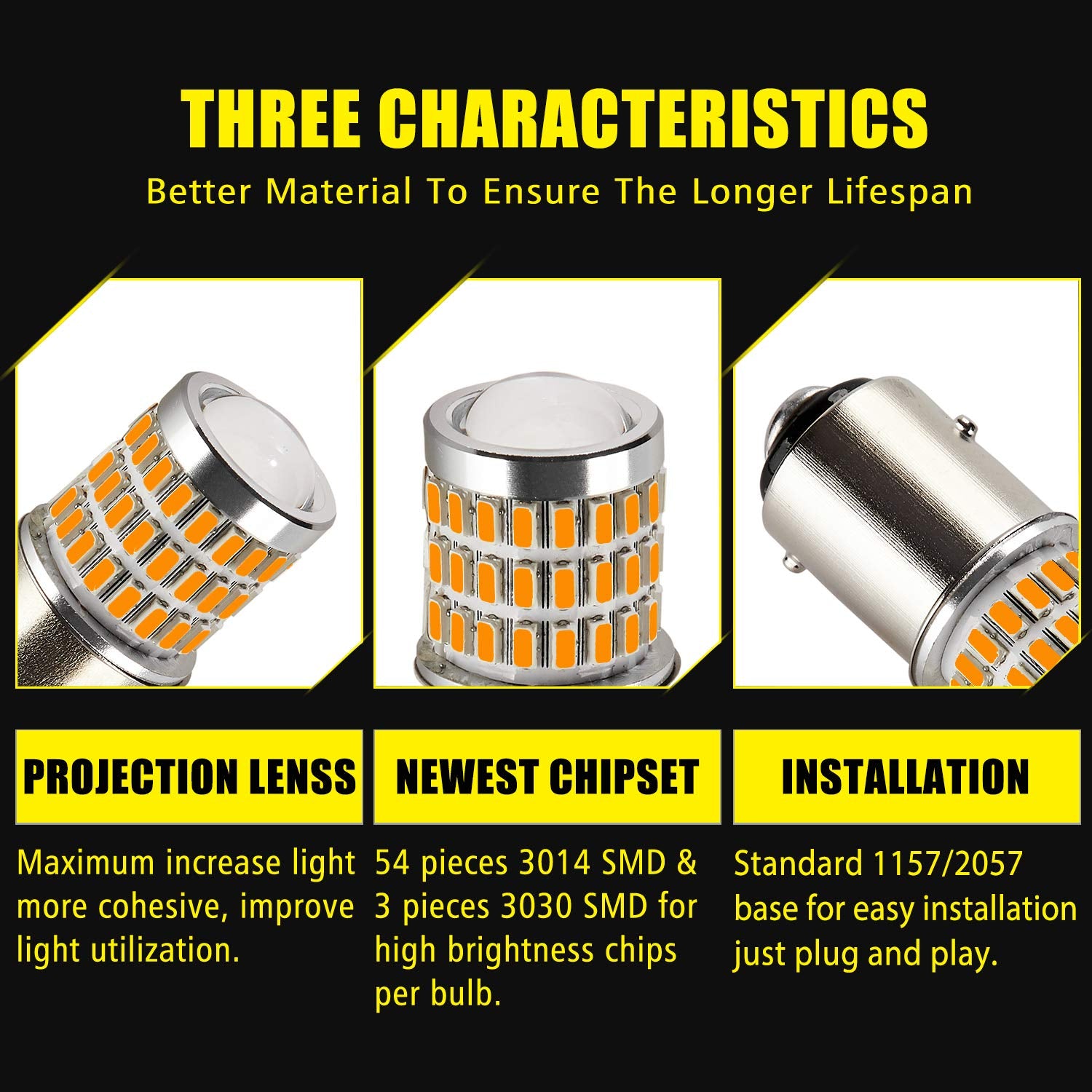 Auxlight 2057 1157 2357 7528 2057A 1157A 2357A Led Bulbs Amber Yellow, Ultra Bright 57-Smd Led Replacement For Blinker Lights, Turn Signal/Parking Or Running Lights, Brake/Tail Lights (Pack Of 2)