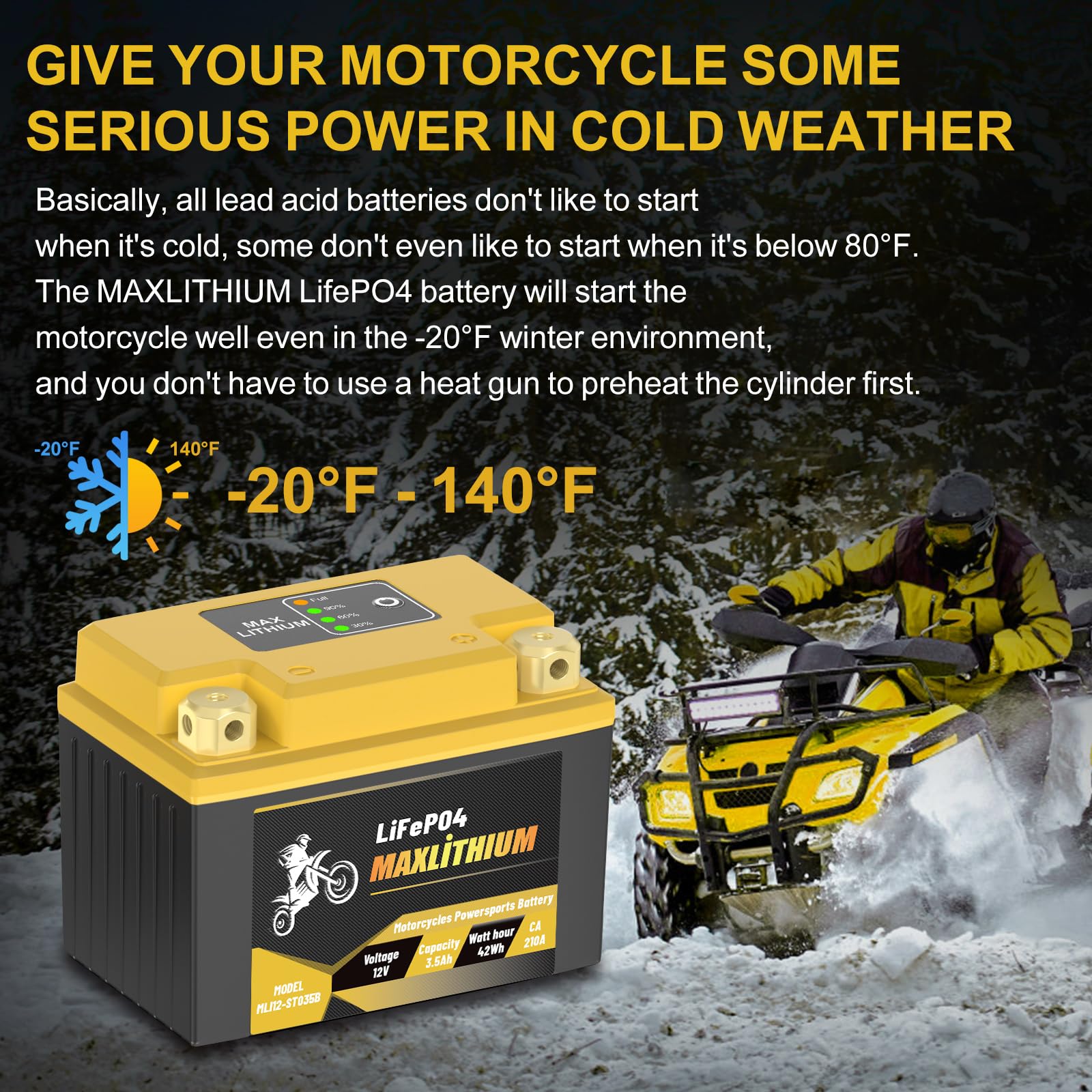 Maxlithium YTX7L-BS/YTX5L-BS 12V Motorcycle Lithium Battery 3.5Ah 210A Smart BMS, YTX4L-BS/YTZ6-BS/YTZ7S-BS, Compatible with Sma