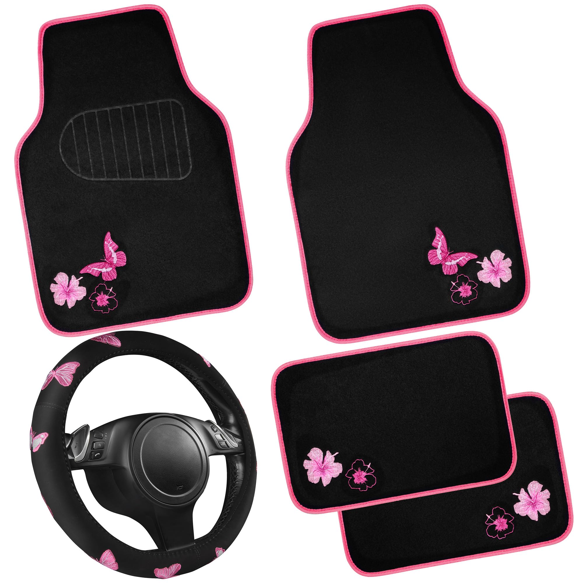 Car Pass Embroidery Butterfly Steering Wheel Cover And Waterproof Car Floor Mats,Pink Car Mats 14.5-15Inch Steering Wheel Covers