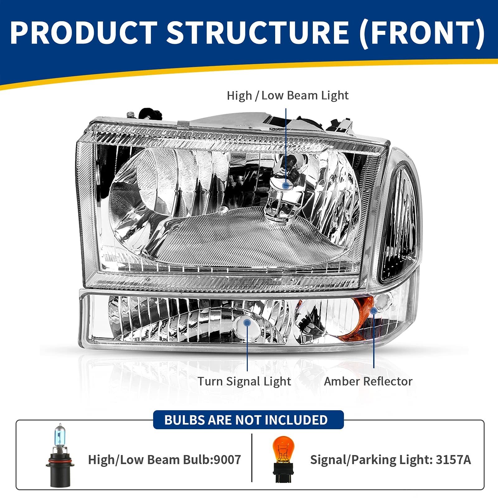 Autosaver88 Headlight Assembly Compatible With 1999-2004 Ford F250 F350 F450 F550 Super Duty/2000-2004 Ford Excursion Chrome Hou
