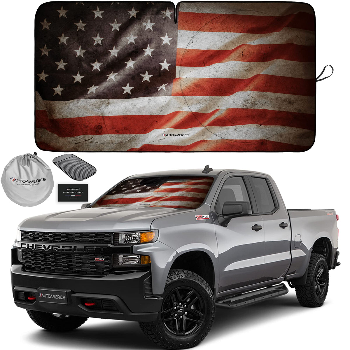 Autoamerics 1-Piece Windshield Sun Shade Grunge American Flag - 1 Usa Design - Foldable Car Front Window Sunshade For Most Sedan