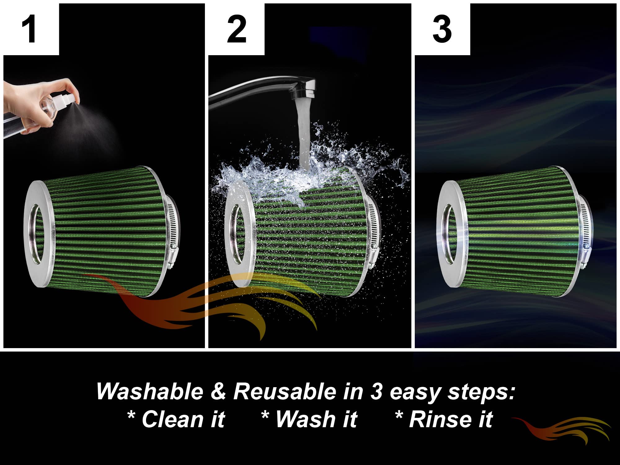 Green 3'' 76 Mm Inlet Cold Air Intake Cone Replacement Quality Performance Washable Clamp-On Dry Air Filter