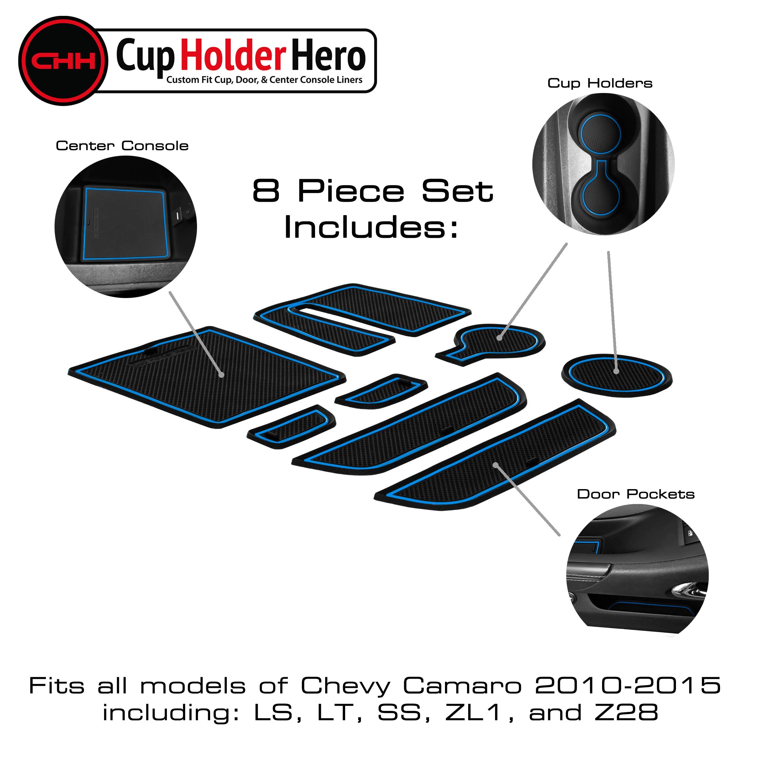 Cupholderhero For 2010-2022 Chevy Camaro Accessories Premium Custom Interior Non-Slip Anti Dust Cup Holder Inserts, Center Console Liner Mats, Door Pocket Liners 8-Pc Set (Blue Trim)