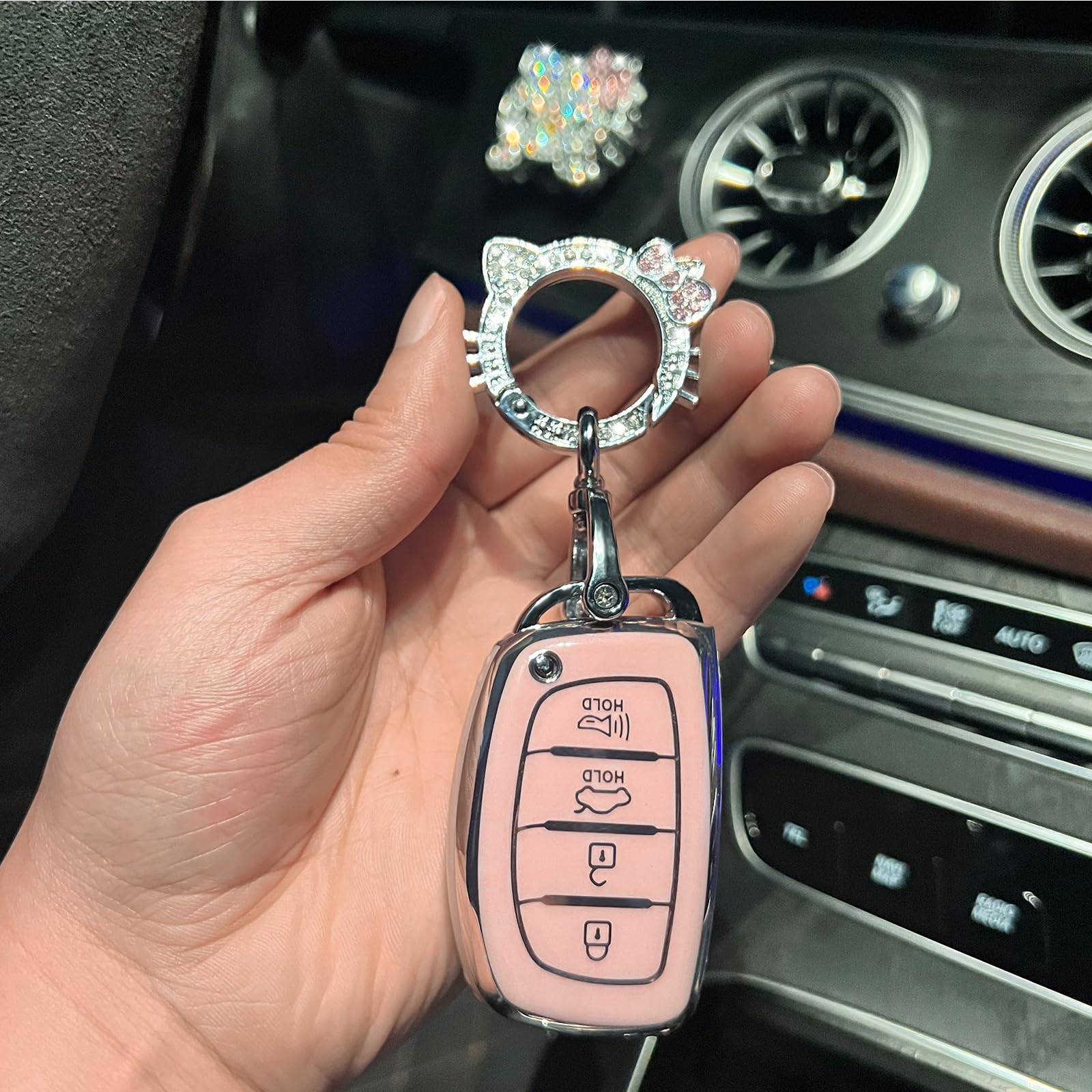 Pangpai Pink Car Accessories 3 Pcs For Hyundai Lantra Ioniq Sonata Tucson Elantra Gt Key Fob Cover With Bling Keychain Cute Push
