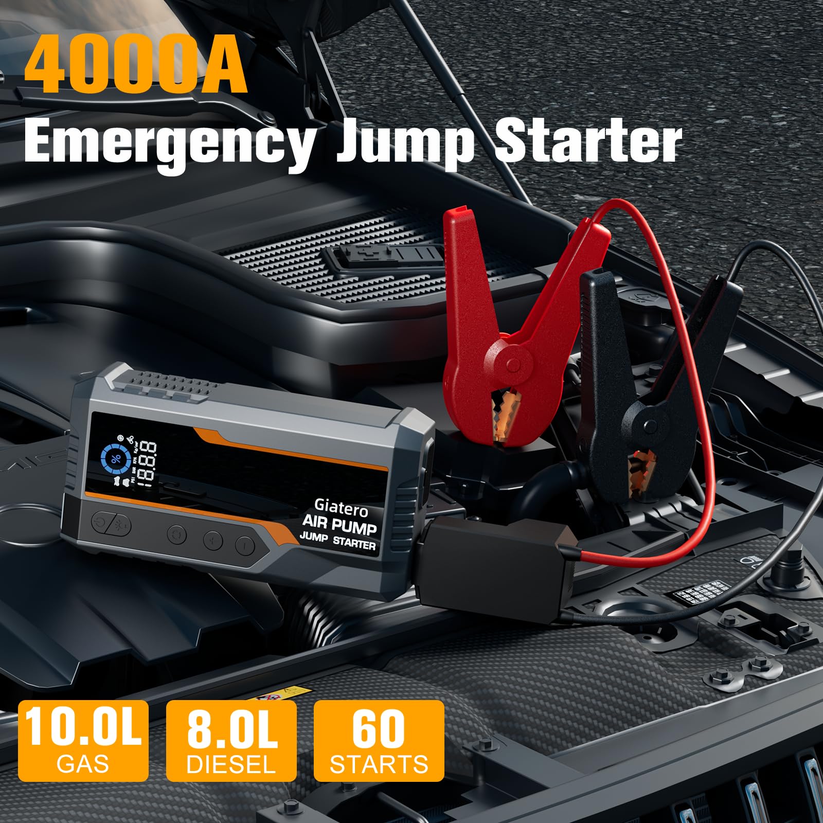 Giatero Jump Starter with Air Compressor, 4000A 150PSI Car Battery Jump Starter Portable (All Gas/10.0L Diesel), 12V Jump Box Ba