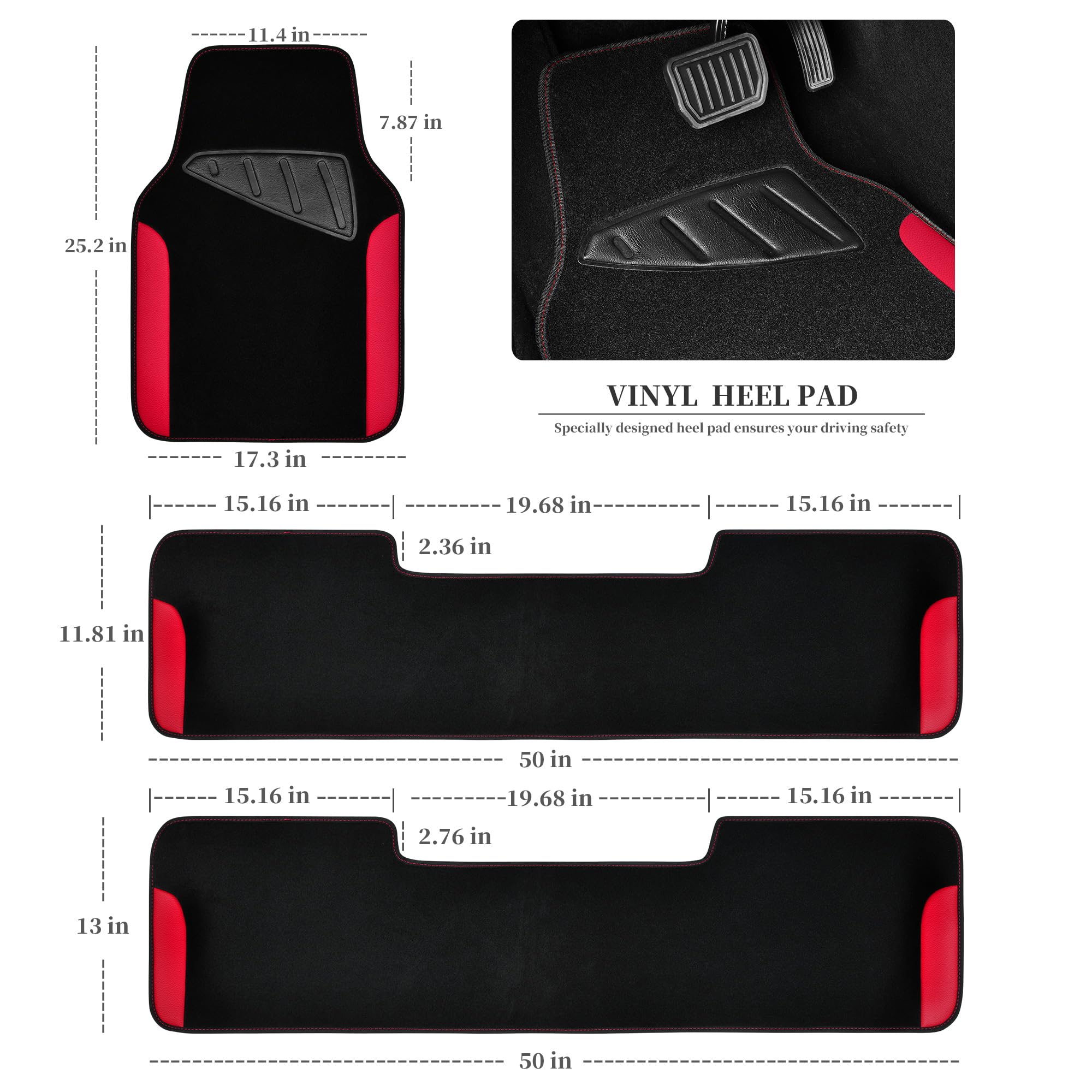 Car Pass® Waterproof Universal Faux Leather 3Row Car Floor Mats, Red Car Mats Fit For Suv,Vans,Sedans, Trucks,Set Of Vehicles Car Carpet With Driver Heel Pad And Anti-Slip Nibs Backing (Red 3Row)