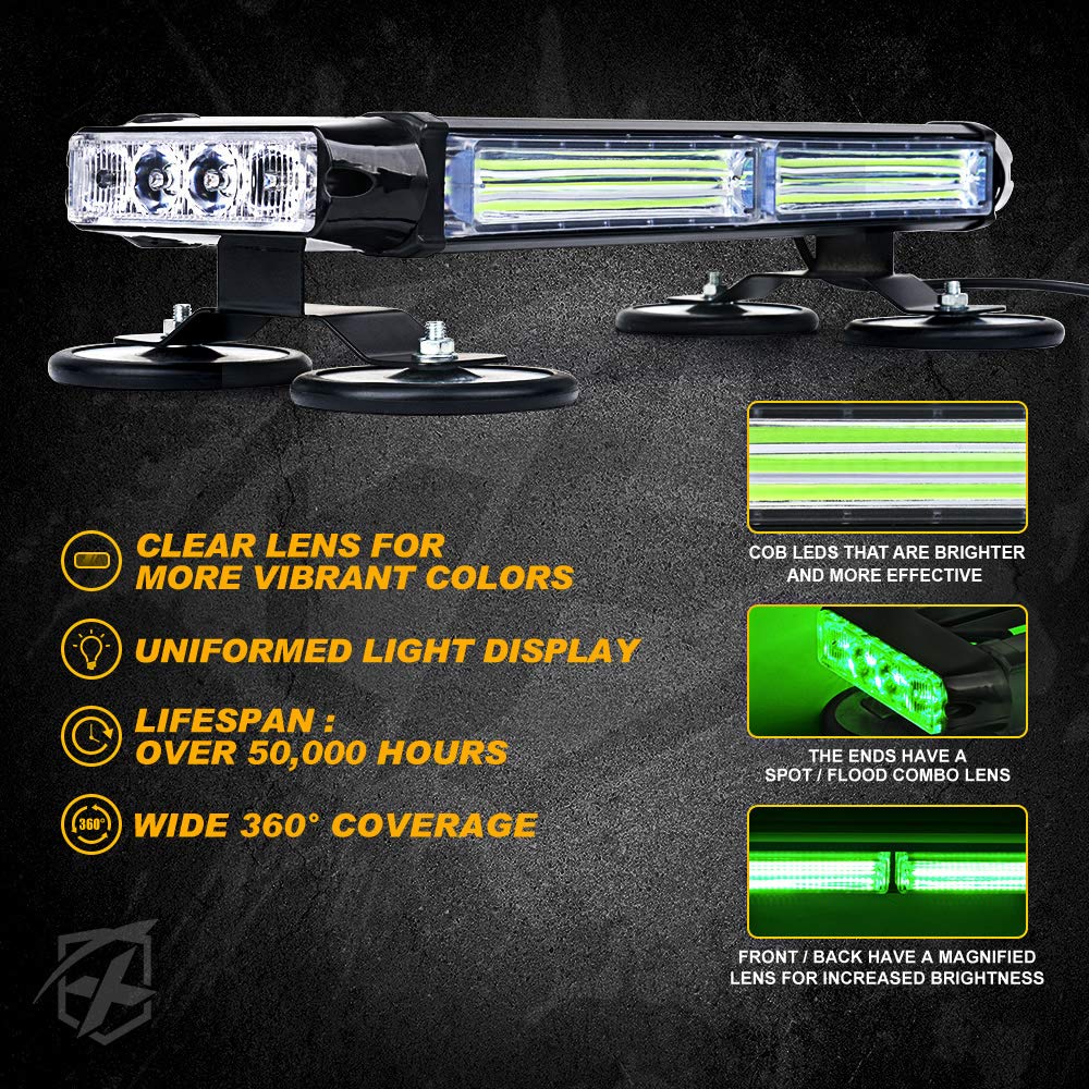 Xprite Green Cob Led Strobe Rooftop Flashing Light Bar Double Side Hazard Warning Beacon Lights W/Magnetic Base For Emergency Vehicles Construction Cars Tow Trucks Tractor Traffic Security