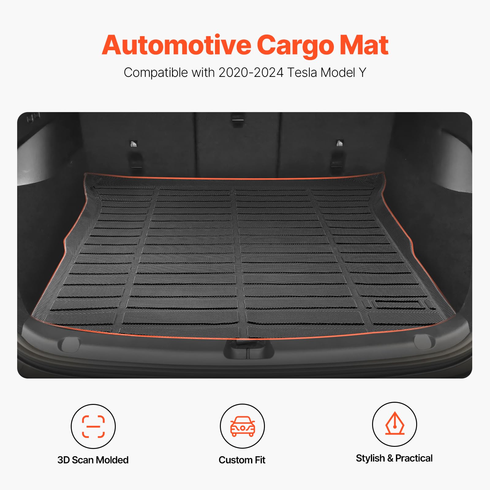 VEVOR Cargo Mat Compatible with Tesla Model Y 2020-2024, Precise Fit Trunk Mat for SUVs, TPE Trunk Protector Replacement, Black