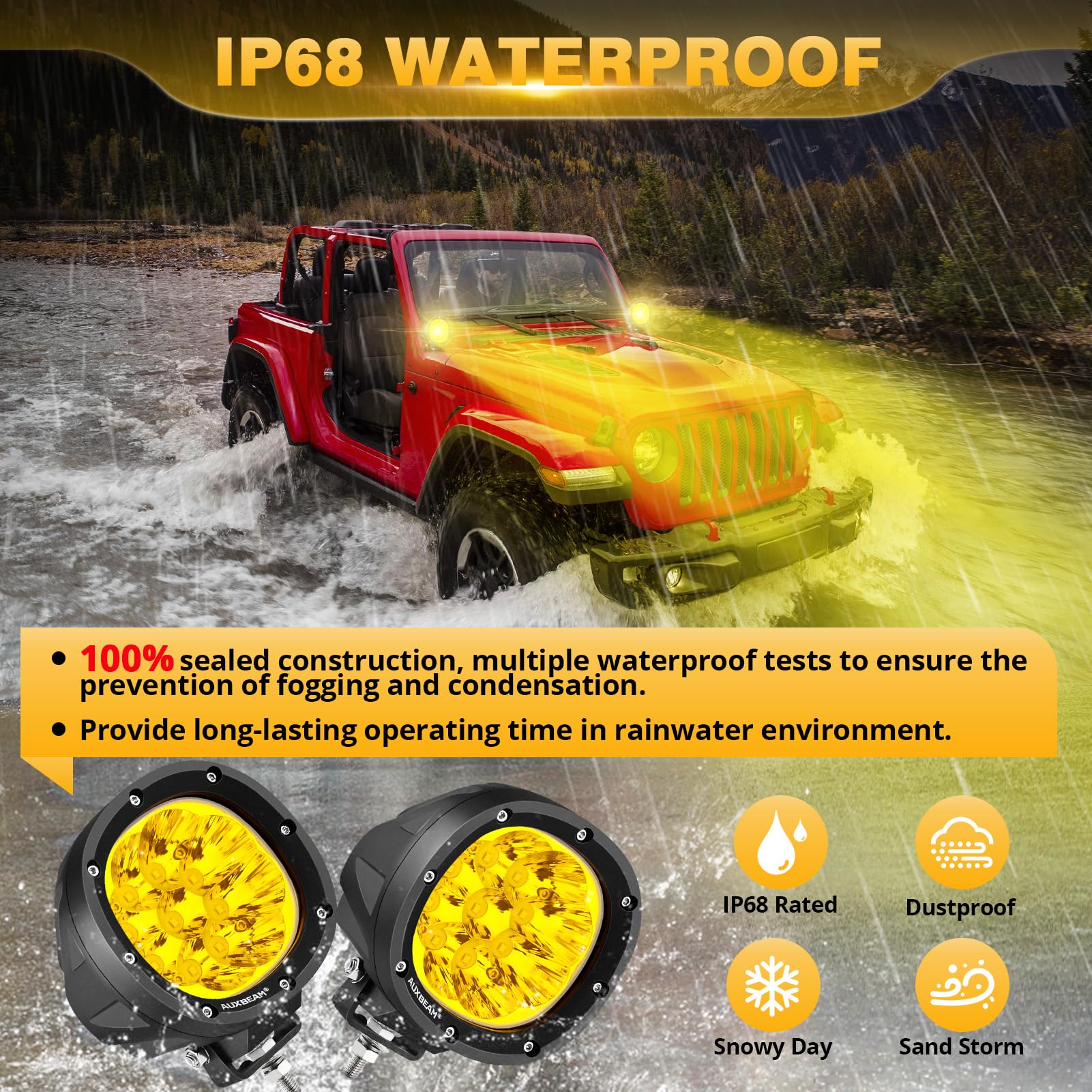 Auxbeam P4 Series Led Amber Fog Lights, 4 Inch 90W Yellow Round Offroad Light Bar, Spot Beam Off Road Led Pods Bumper Ditch Ligh