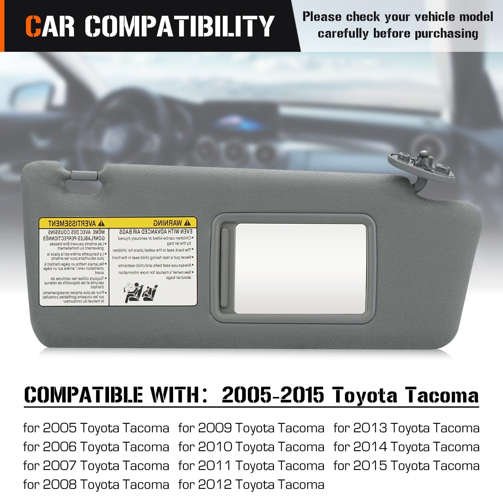 Sun Visor for 2005-2015 Toyota Tacoma Without Light, Right Passenger Side Gray Sunvisor Replacement 74310-04081-E0