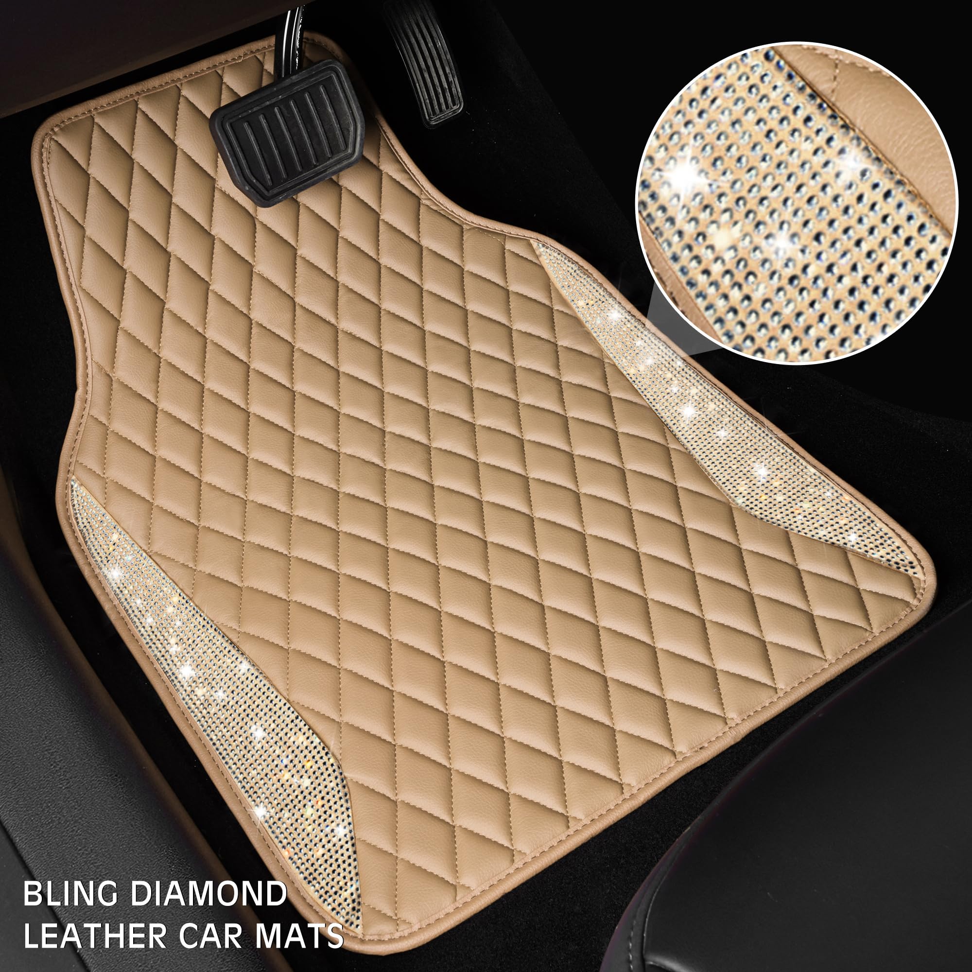 CAR PASS Bling Beige Leather Car Mats Shining Diamond Floor Mats Crystal Rhinestone Sparkly Glitter Carpet Anti-Slip Waterproof