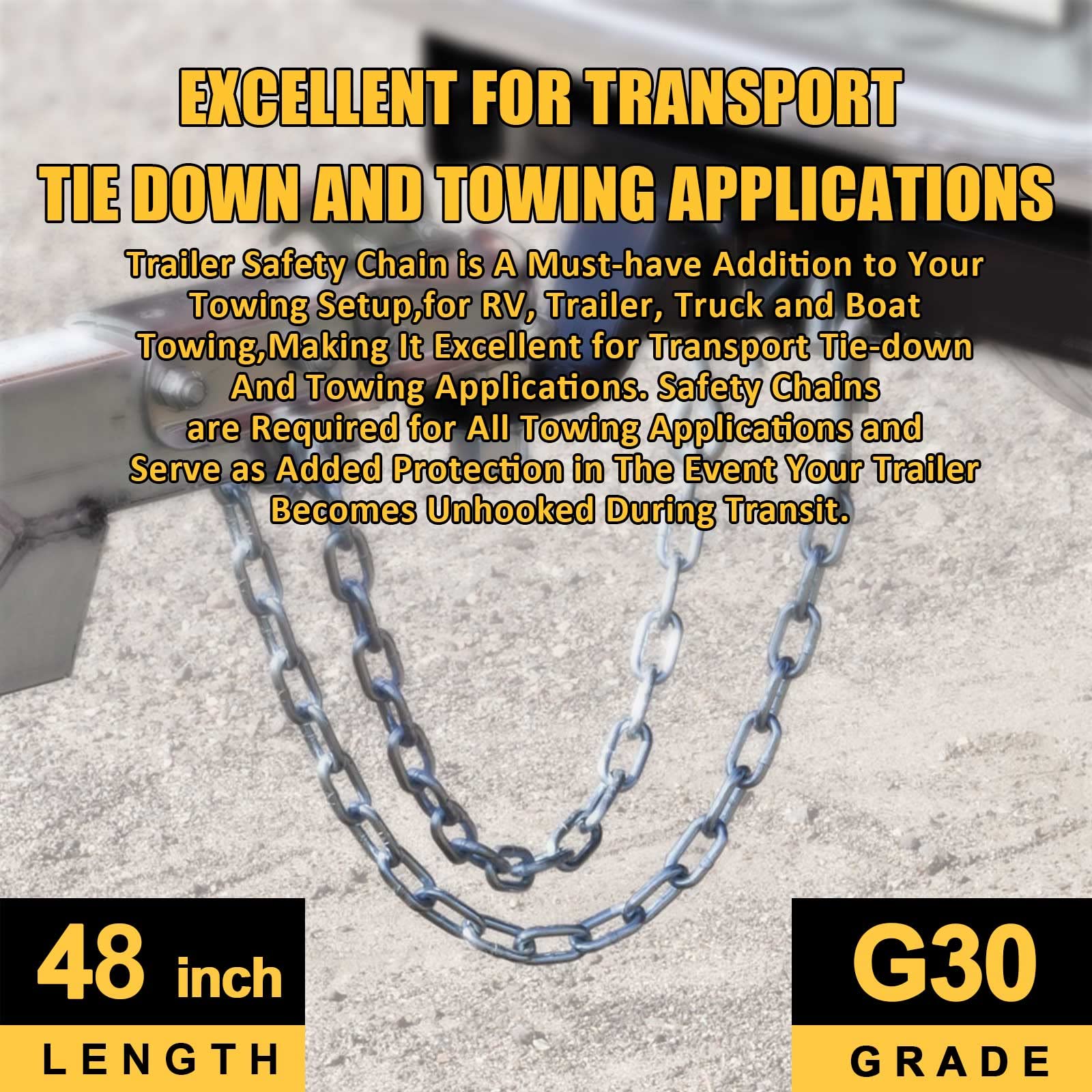 AYMMIC 1/4'' x 48'' Trailer Safety Chain with 2 Latches S Hook, 3,500Lbs Capacity, G30, Secures Tow Vehicle to Trailer, for RV,
