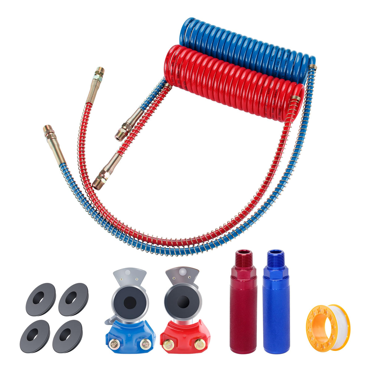 Dazakoot Air Brake Coiled Longtail Assembly, 15Ft Air Brake Line Coil With Aluminum Extension Handles And Emergency Glad Hands, 15Ft Air Brake Coiled With 1 X 12 And 1 X 40 Lead