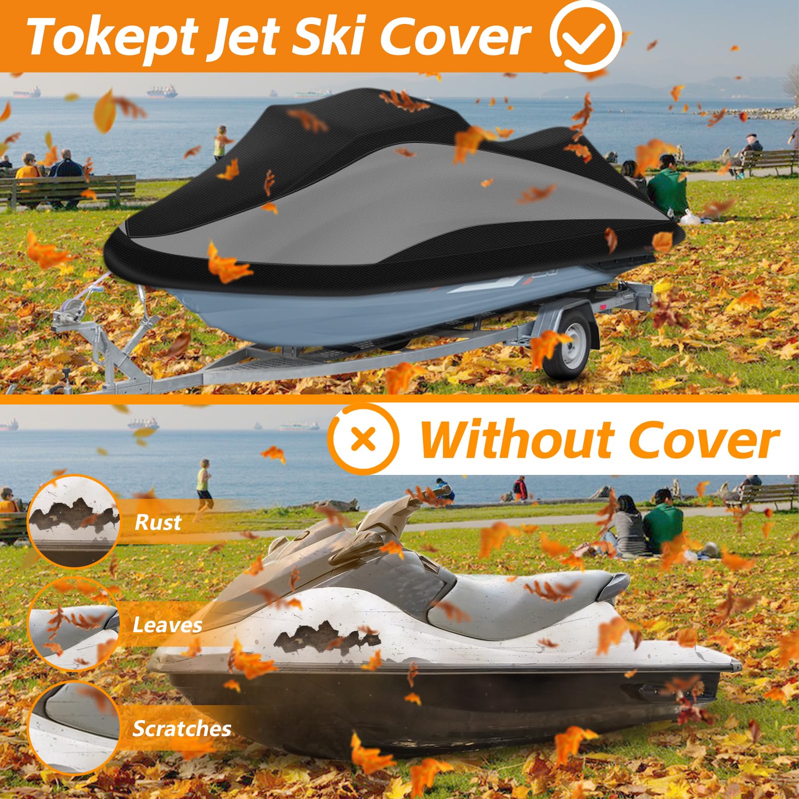 Tokept Trailerable Jet Ski Cover, 300D Heavy Duty Waterproof Pwc Cover With Reflective Strip Vents, Fits Seadoo, Yamaha, Gtx, Ka