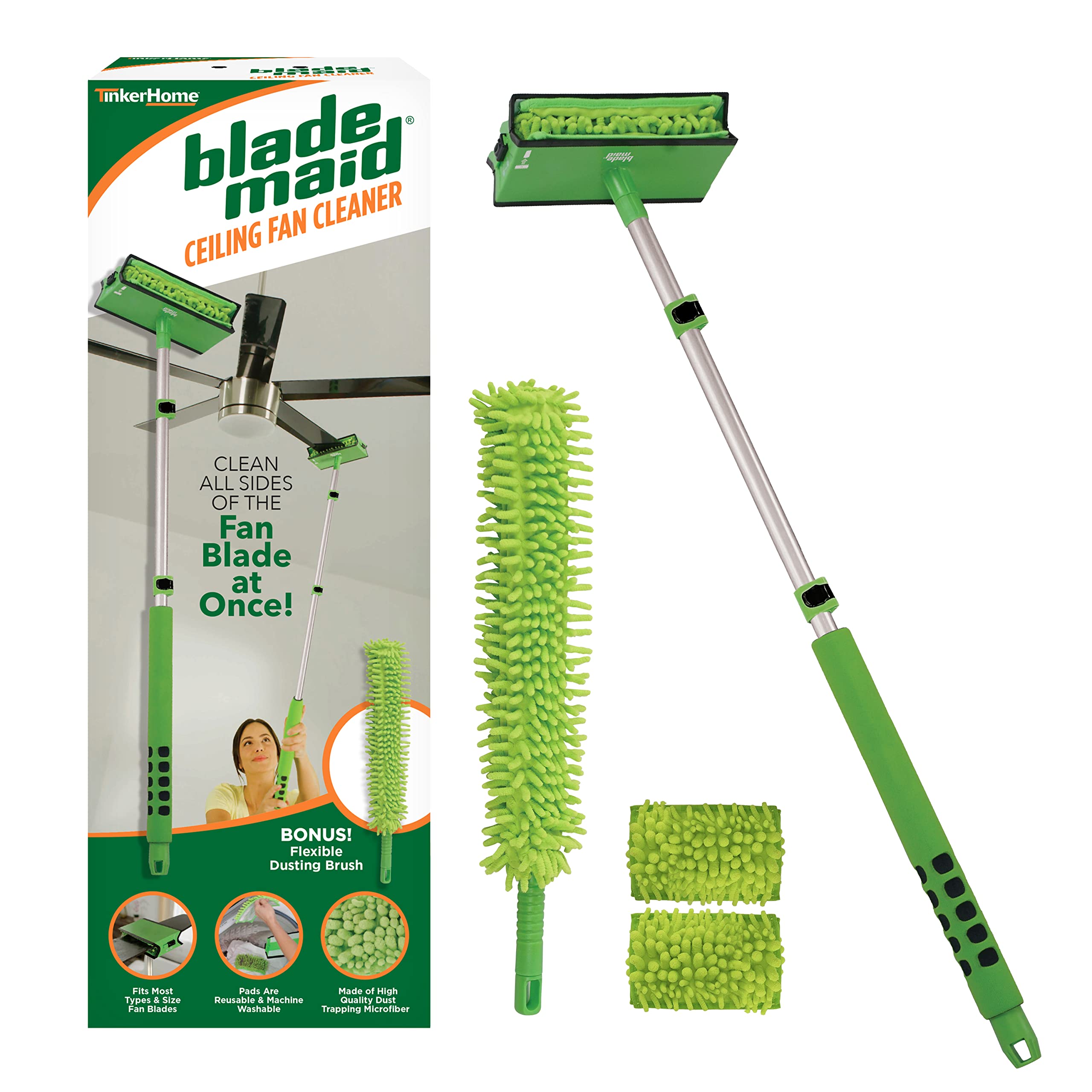 Blade Maid Ceiling Fan Cleaner- Cleaning Tool With 3 Foot Extendable Pole, Cleaning Head, Reusable Fiber Duster, & Flexible Dust