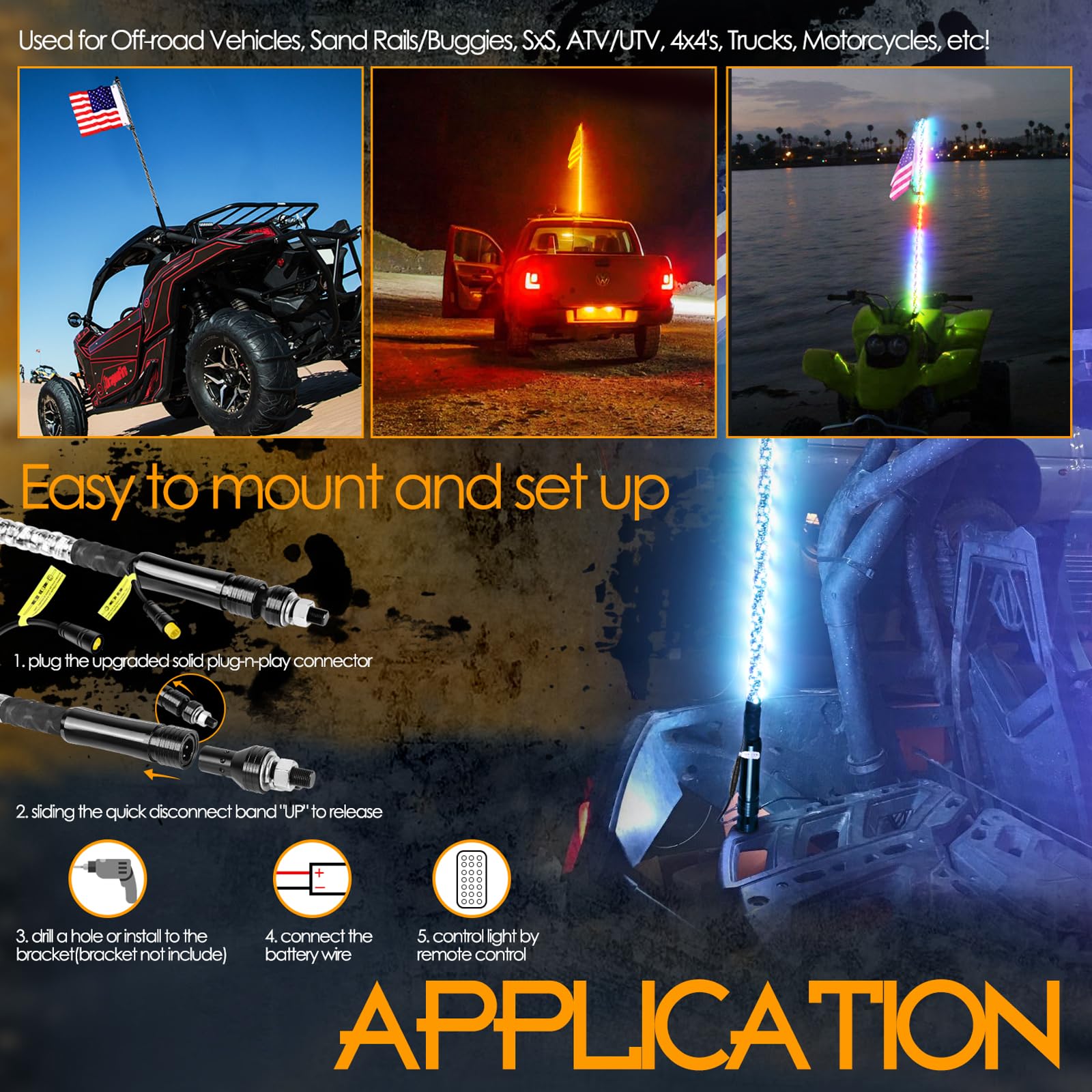 Nirider 4Ft Led Whip Light With Flag Pole Remote Control Spiral Rgb Chase Light Offroad Warning Lighted Antenna Led Whips For Ut