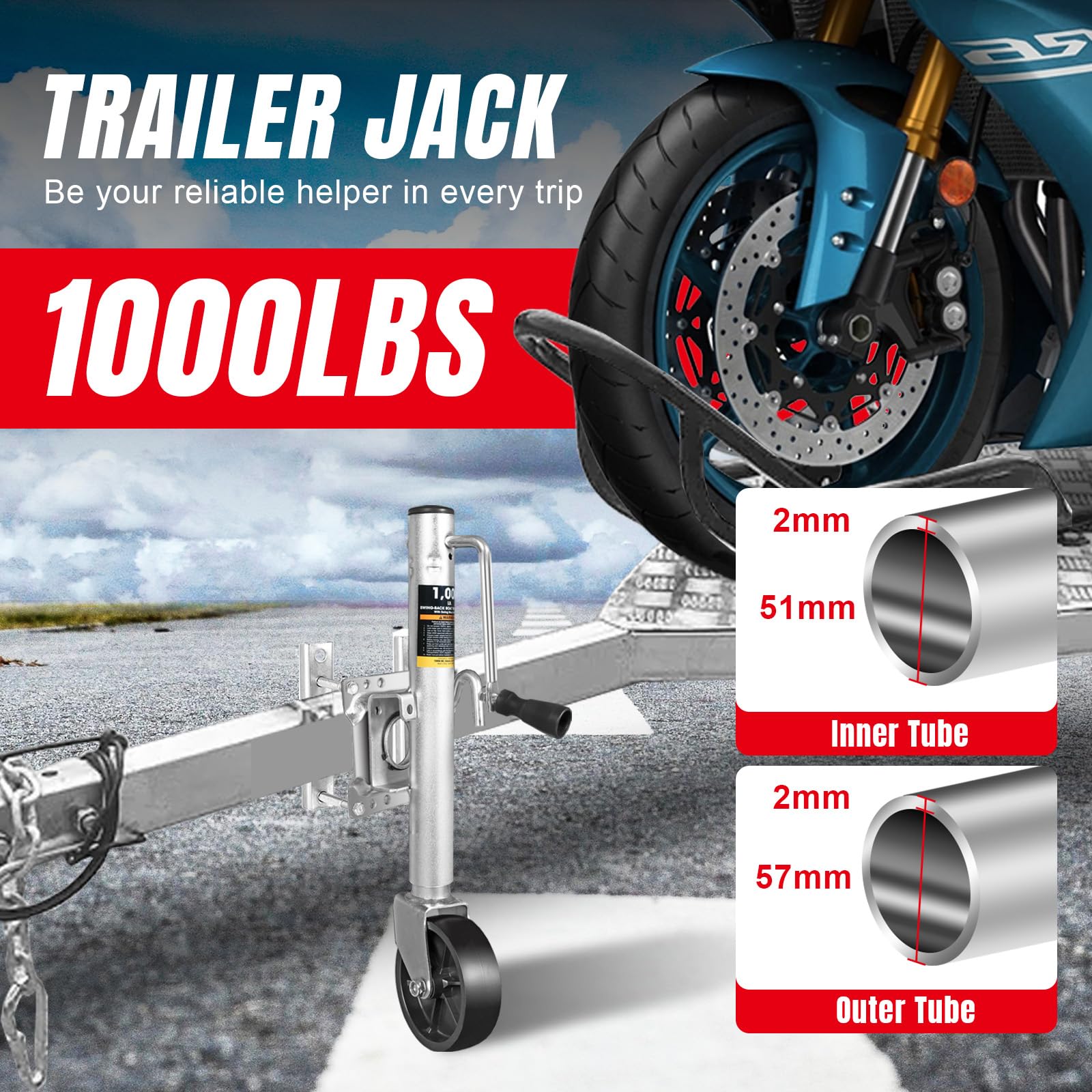 Torin 1000 Lbs Trailer Jack With Wheel, Heavy Duty Swivel Boat Trailer Jack Single Whee, 10'' Lift, Bolt-On Trailer Tongue Jack
