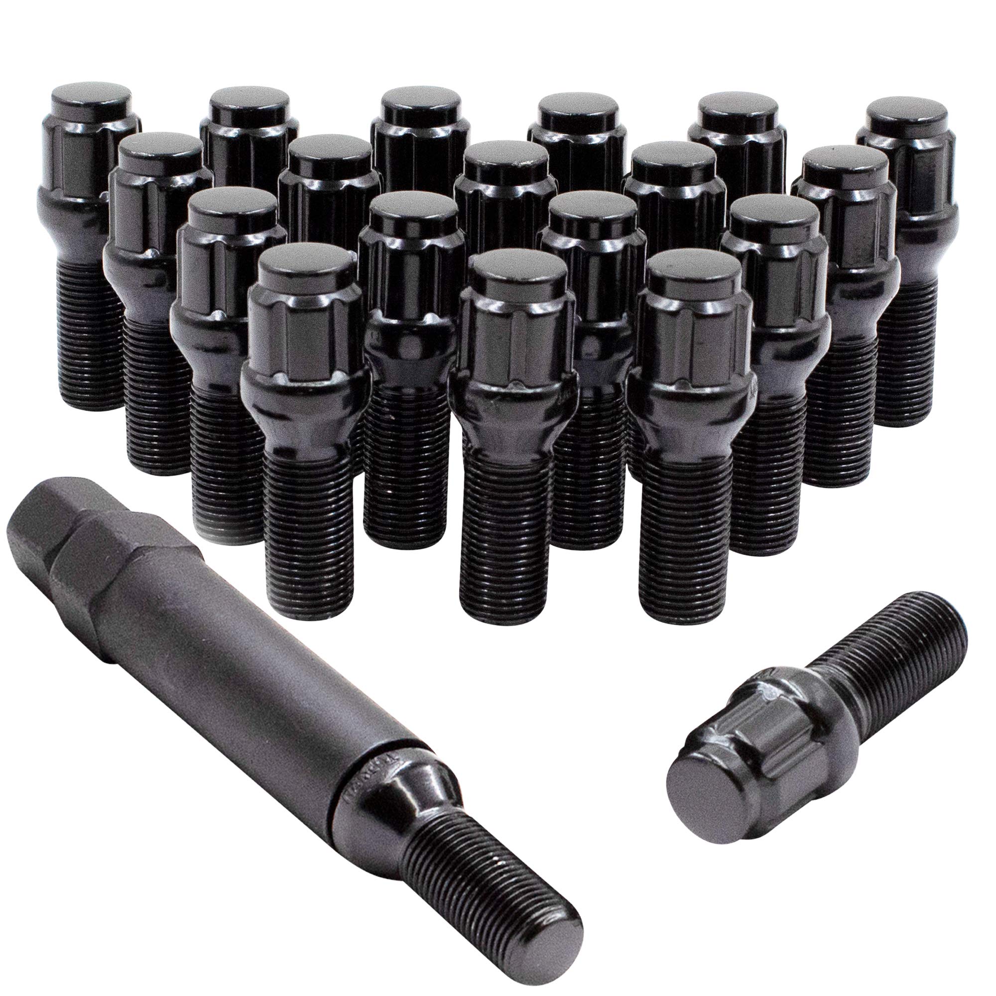 Wheel Accessories Parts Set Of 20 Black 14X1.25 Lug Bolts Locking Spline Conical Seat With 24 Mm Shank Length Lug Bolt With Dual Hex Key (24Mm, Black, 20 Pc)