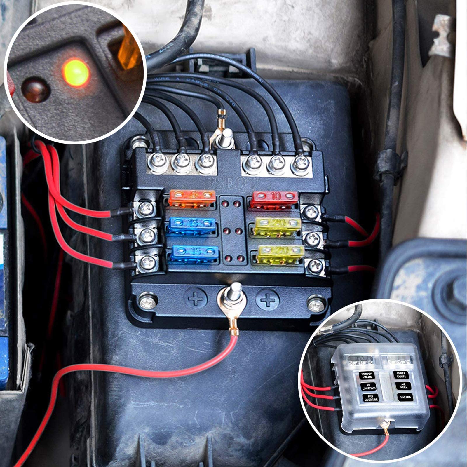 Pseqt Mini 6-Way Blade Fuse Block Box With Negative Bus Atc/Ato & Warning Indicator Waterproof Marine Automotive Standard Circui
