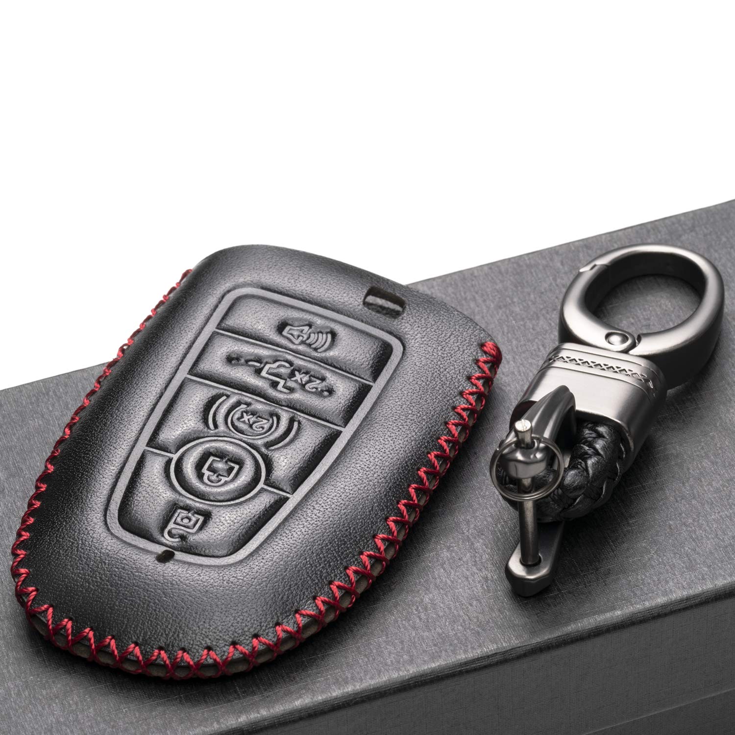 Vitodeco Leather Smart Key Fob Case Compatible with Ford Escape 2025, Bronco 2025, Explorer 2025, Edge 2025, Expedition 2025, F-150, Mustang 2025, F150 2025 and More Models (5-Button, Black/Red)