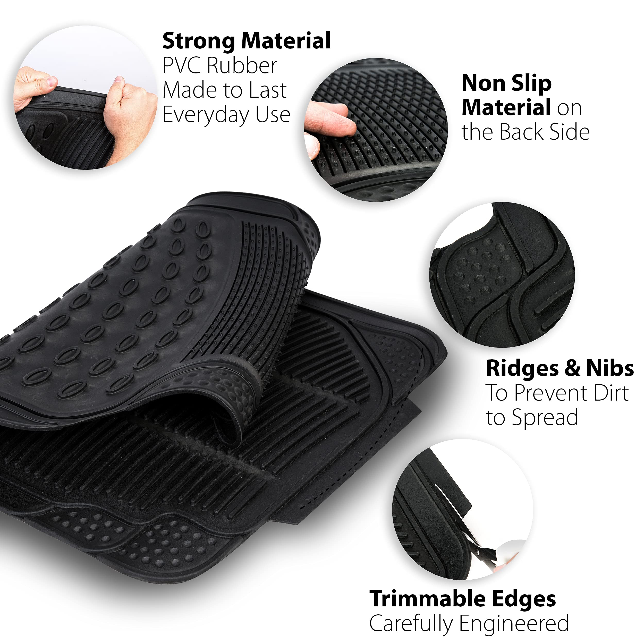 Zonetech All Weather Rubber Car Interior Floor Mats 3-Piece Trimmable Waterproof Odorless Black Heavy Duty Universal Fit