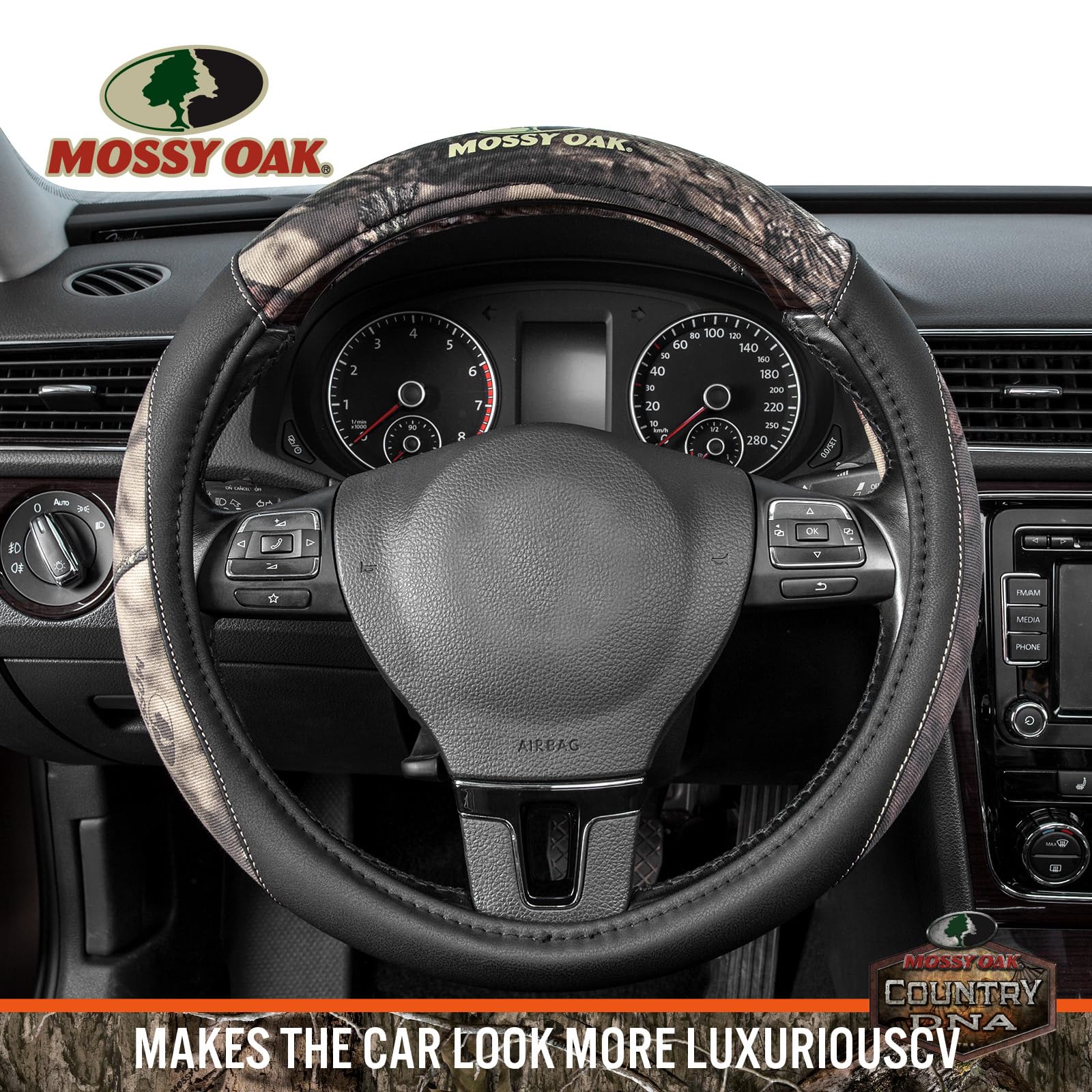 Mossy Oak Camo Steering Wheel Cover - Pu Leather And Cotton Twill, Universal Fit 14 1/2 Inches To 15 Inches - Officially License