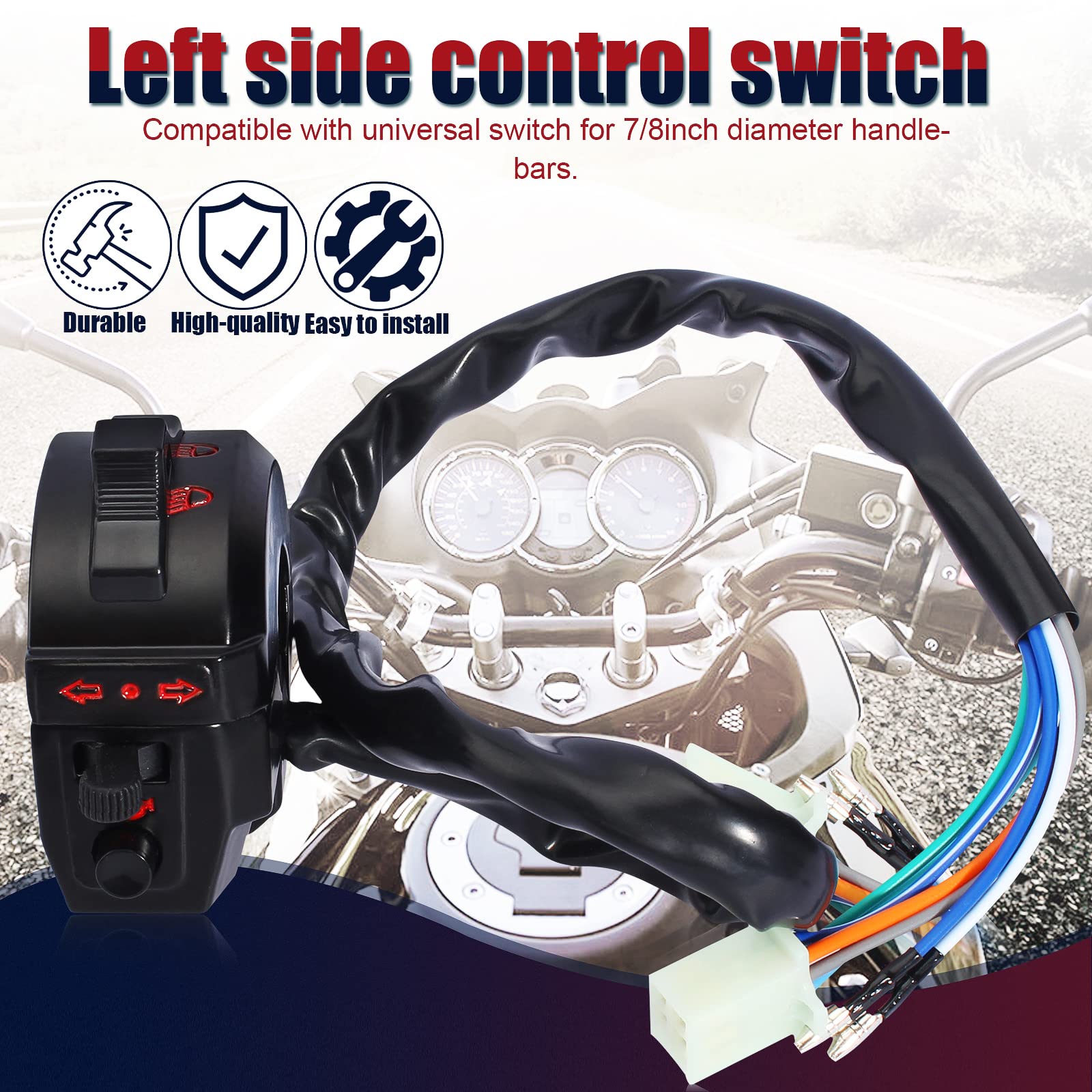 Qazaky Universal Control Turn Signal Horn Function Head Light Low High Beam Left Switch For 7/8Inch 22Mm Handlebar Motorcycle Mo