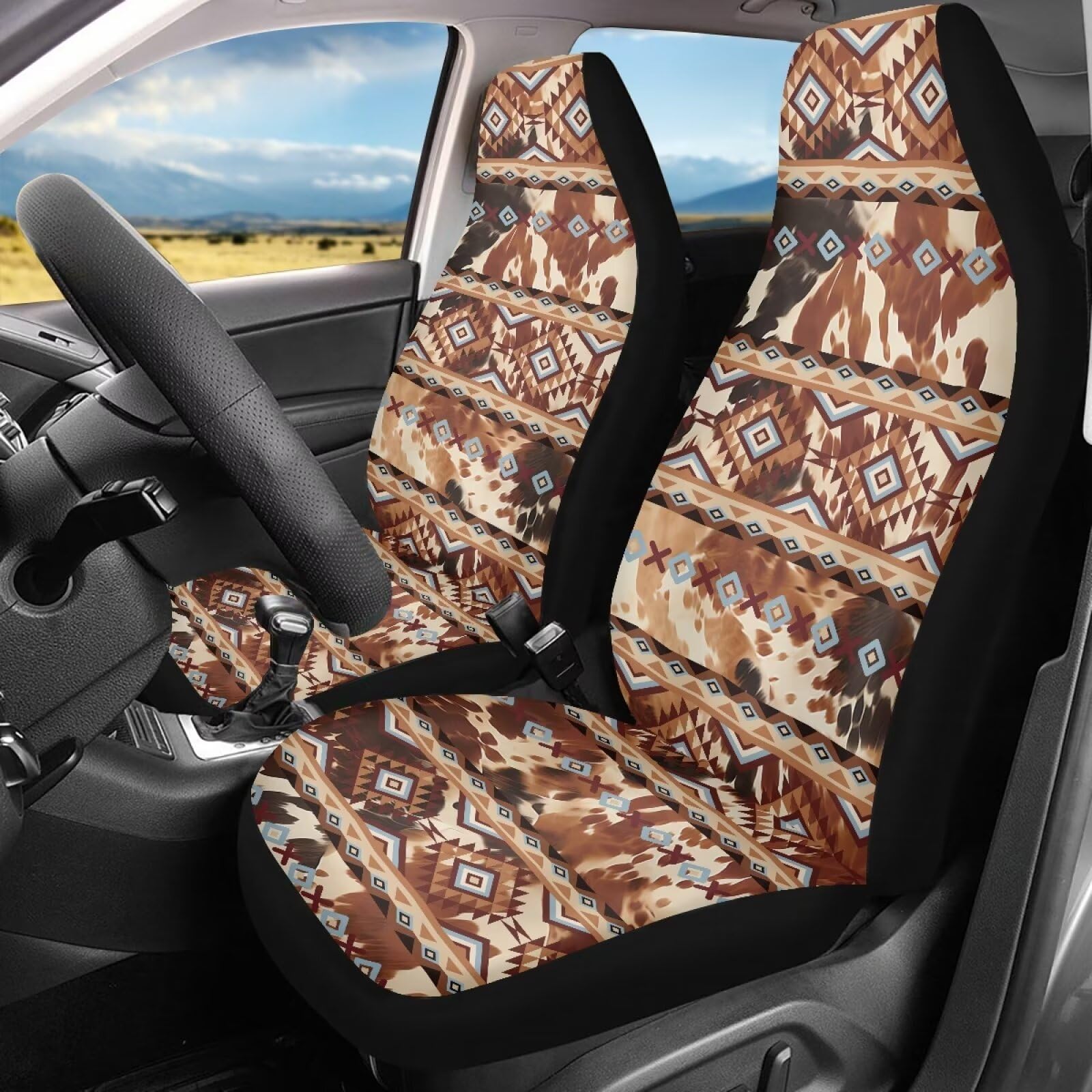 Salabomia Aztec Tribal Car Seat Cover, Cow Print Stretchy Car Seat Protector Cover for Women, Comfortable 2 Piece Car Seat Cover