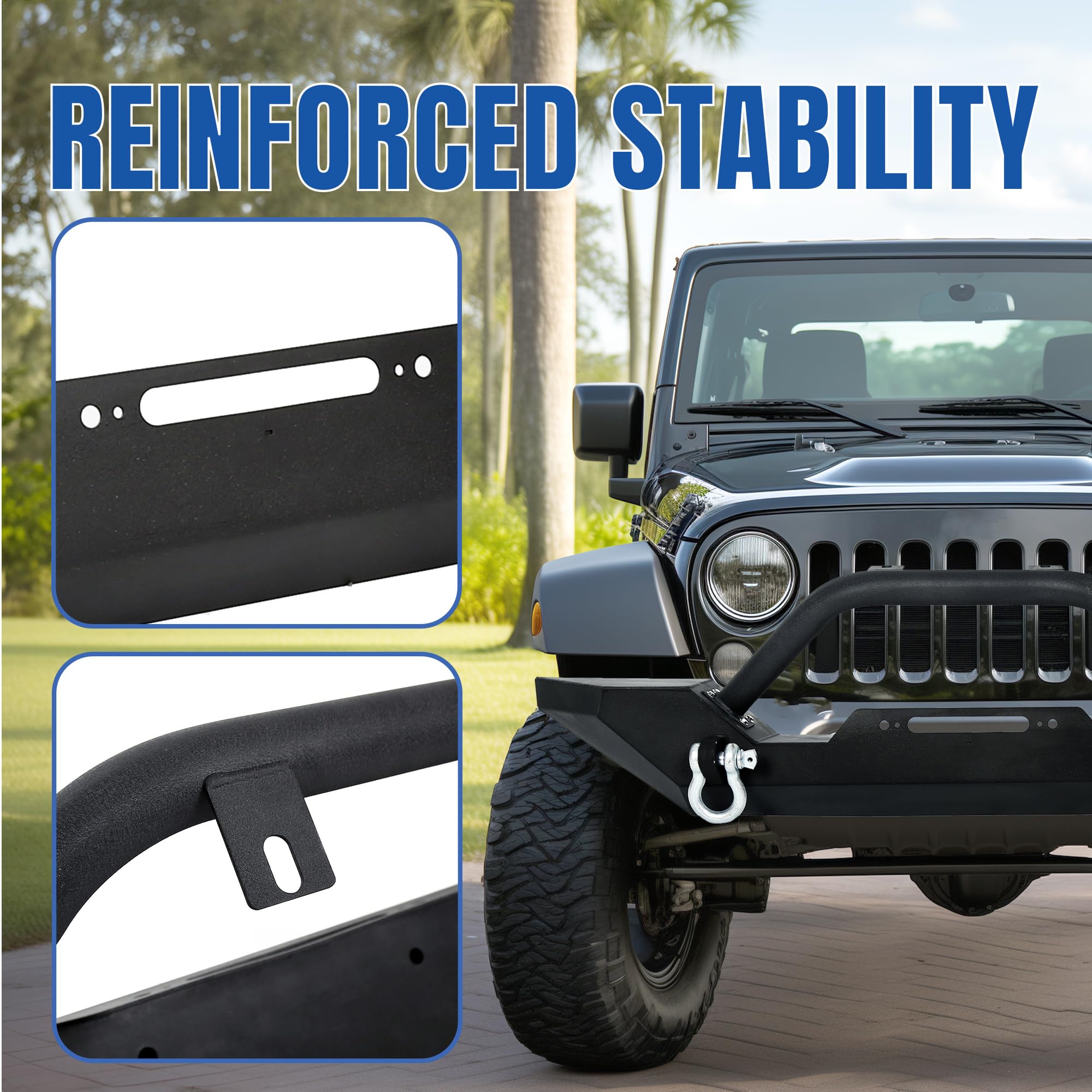 Kuafu Front Winch Bumper Black Compatible With 1986-2006 Jeep Wrangler Tj Yj With D-Rings And 2 Led Lights