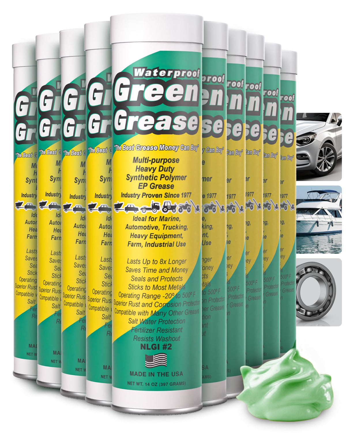 Ultra Heavy Duty Green Grease Tube (14oz - 10 Pack) - NLGI 2, High Temp, Waterproof Marine Grade, Rust Resistant Wheel Bearing G