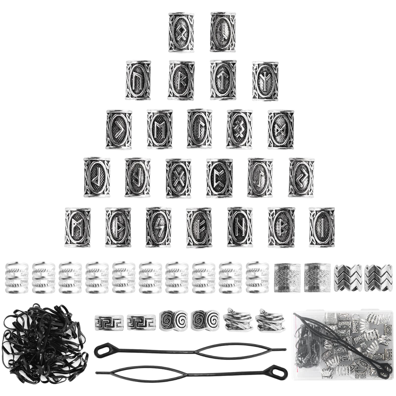 Viking Hair Beads Set (76PCS): Metal Silver Clips  Cuffs  Coils and Rings for Mens Dreadlocks  Braids  Beard Decoration-New