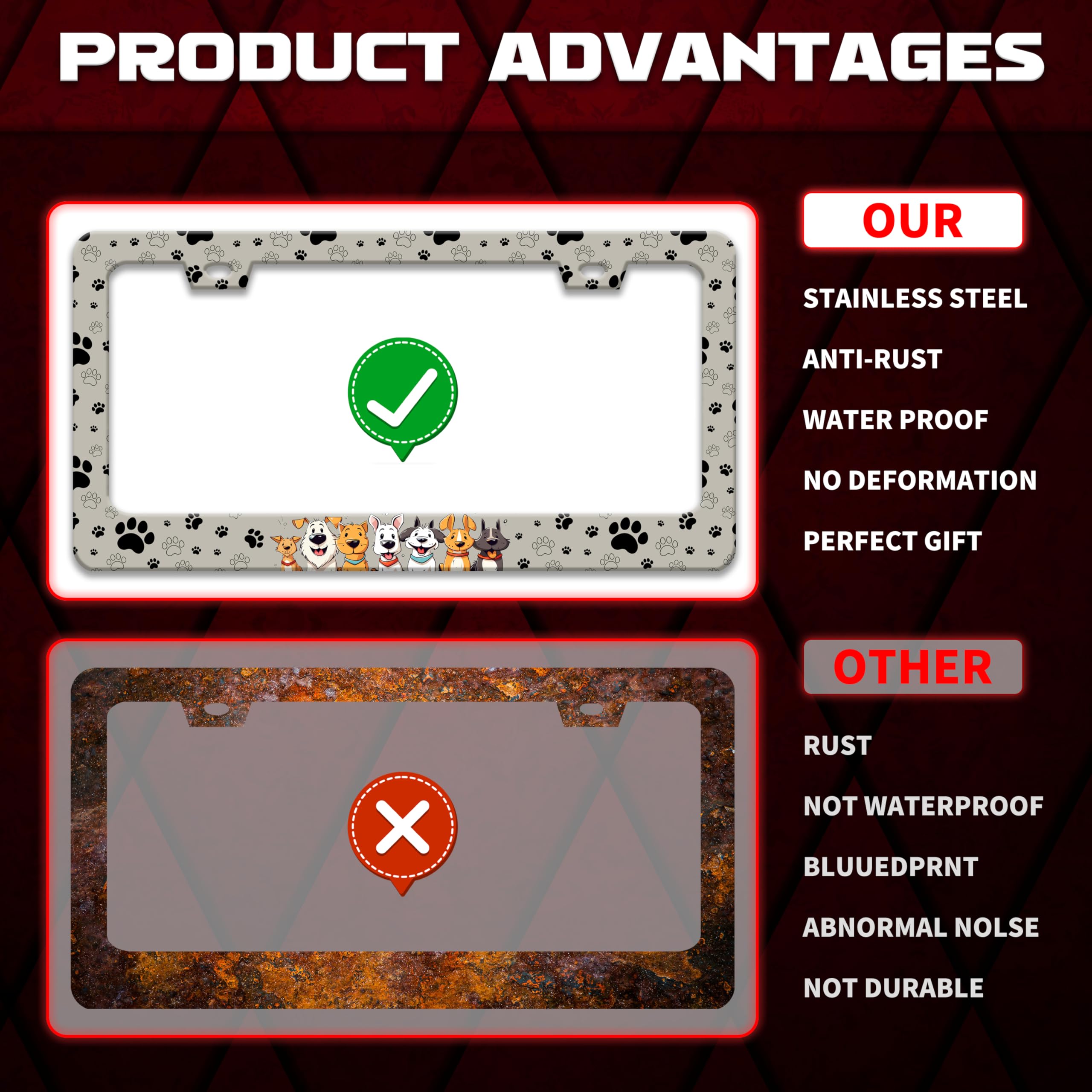 Personalise Dog License Plate Frame Paw Prints License Plate Frames Car Universal Stainless Steel Accessories Cars Decor with 2