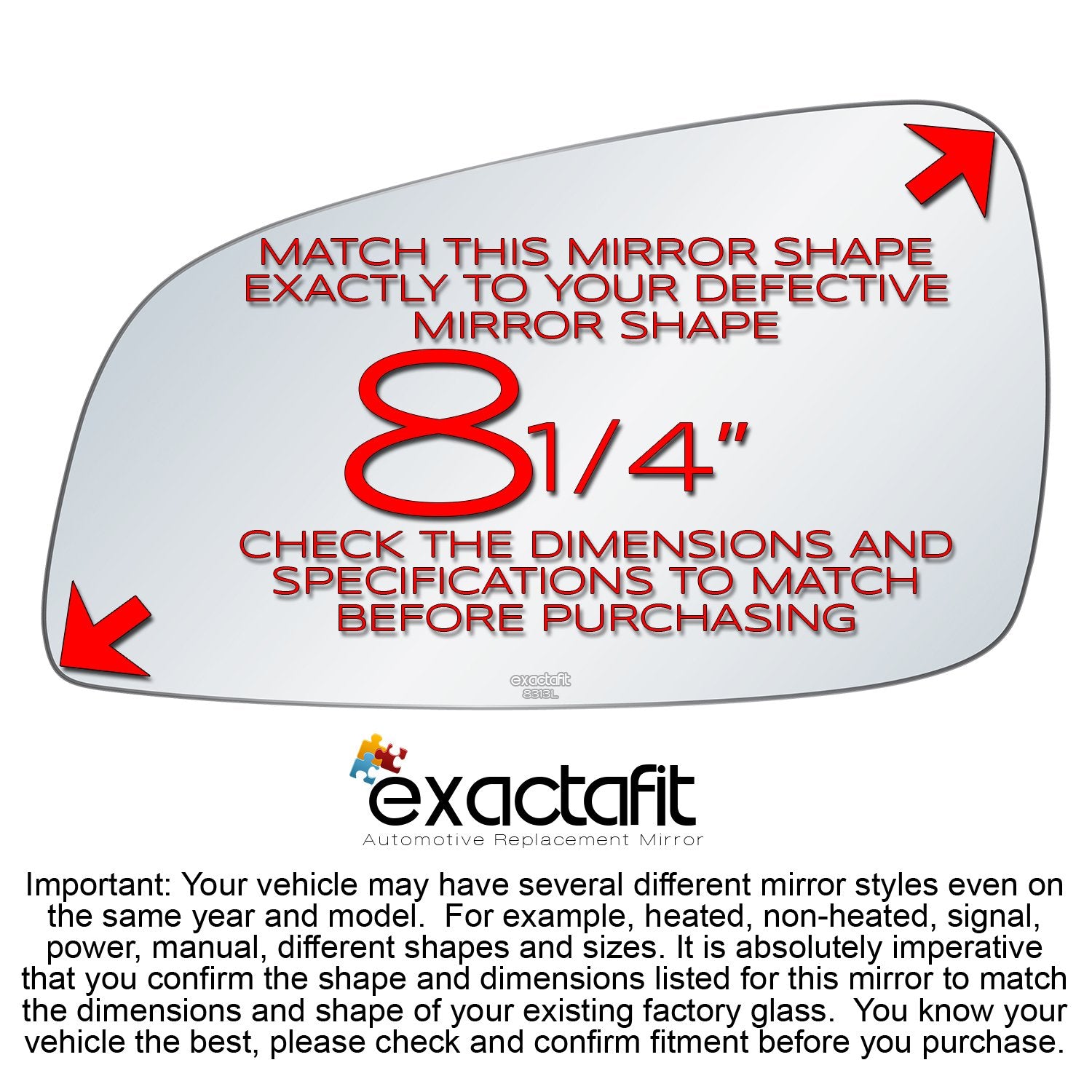 Exactafit 8313L Driver Side Mirror Glass Left Replacement Compatible With 2007-2009 Saturn Aura, 2008-2012 Chevrolet Malibu