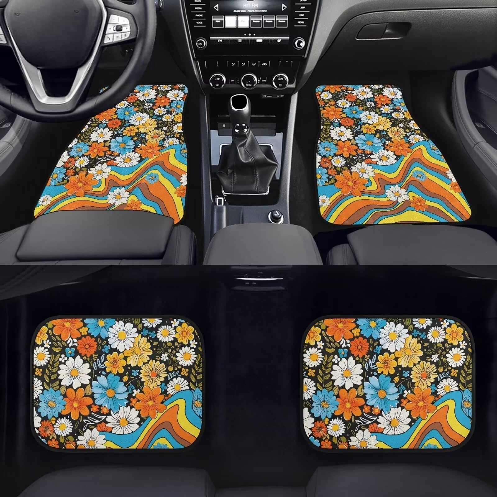 FUIBENG 70S 80S Hippie Flower Daisy Car Floor Mat 4Pcs Hippie Car Accessory for Women,Vintage Groovy Floral Floor Pad for Car Va