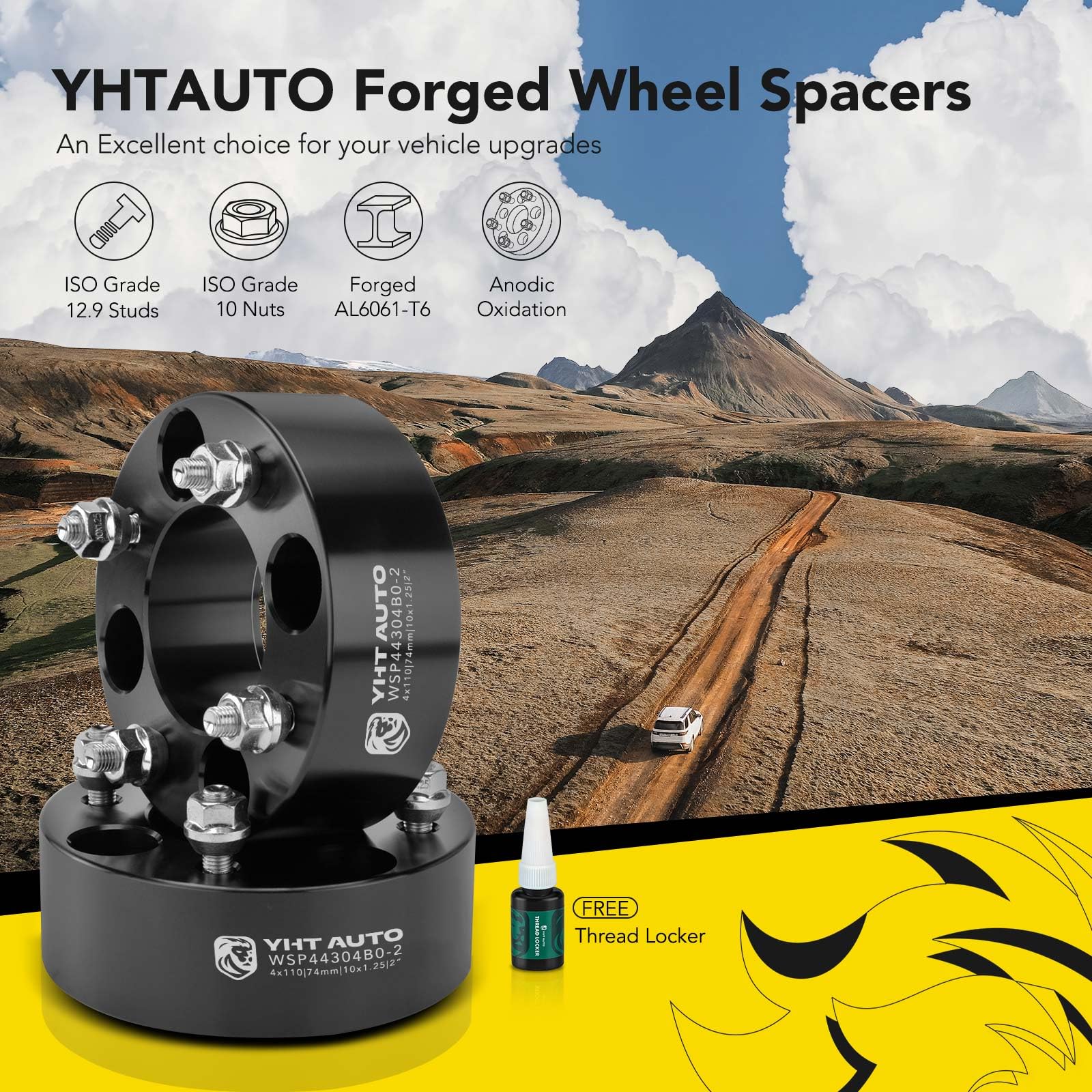 Yhtauto 4X110Mm Wheel Spacers 2 Inch Fits Honda, Suzuki, Can-Am, Bombardier, Kawasaki, Yamaha Model, Grizzly, King Quad, Foreman Tire Spacers W/ M10X1.25 Studs, 74Mm Hub Bore 4 Lug 2Pcs Black Adapters