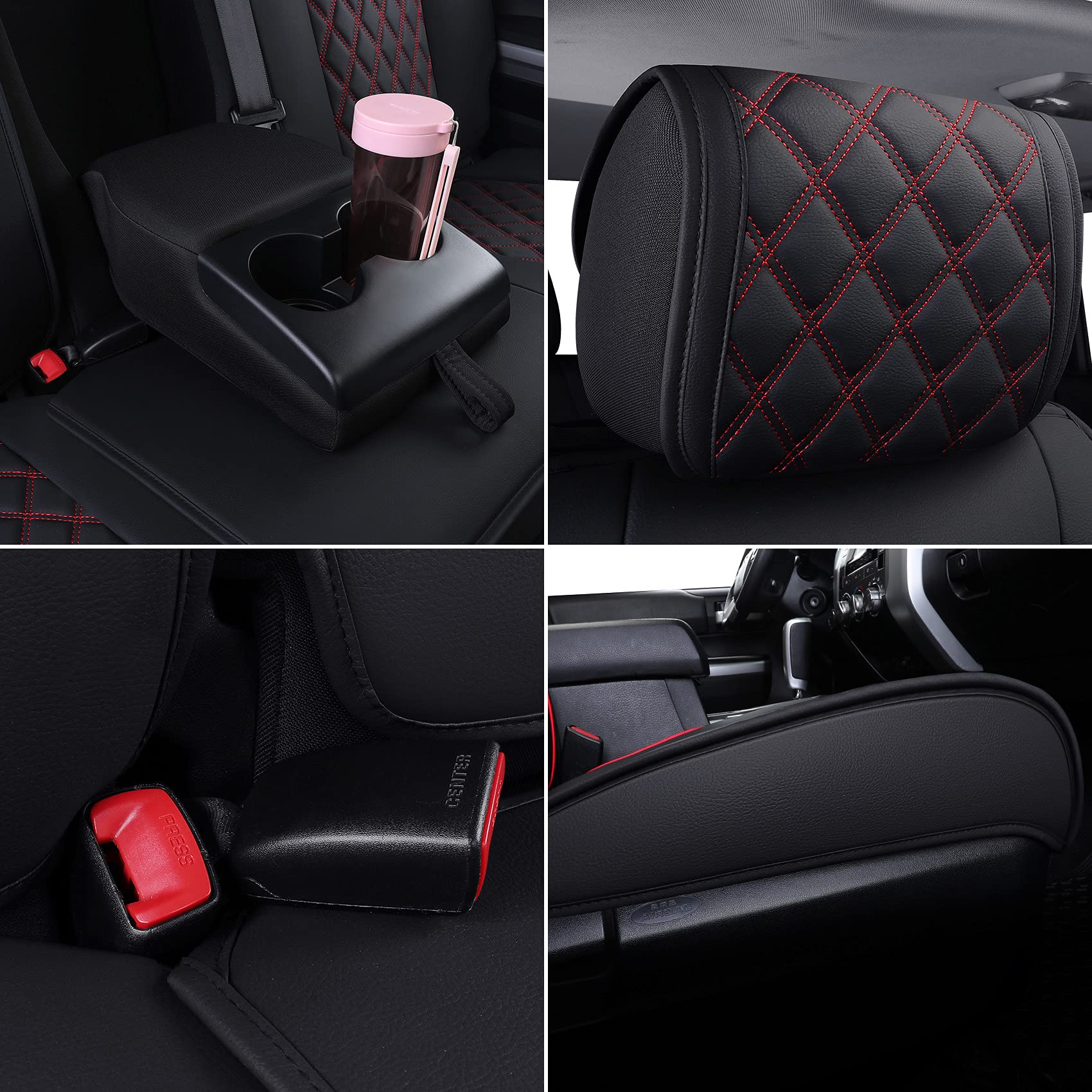 YIERTAI Waterproof Leather Seat Covers for 2008-2025 Toyota Tundra SR5, 5 PCS Full Set, Black-Red, Crewmax/Double Cab Protection