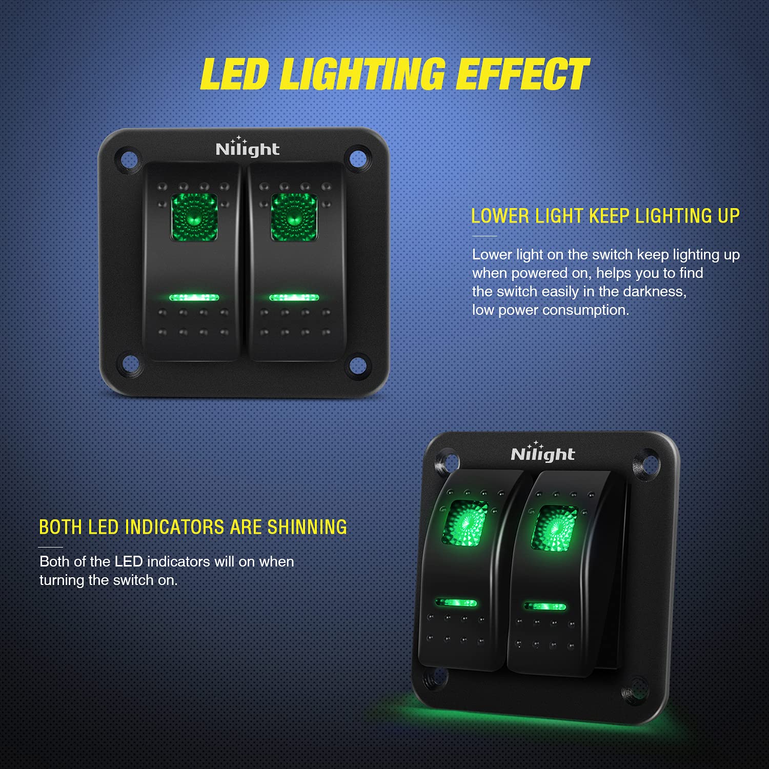 Nilight 2 Gang Rocker Switch Panel 12V 24V Dc Green Switches Aluminum Panel 5Pin On Off Prewired Toggle Switch Panel Waterproof