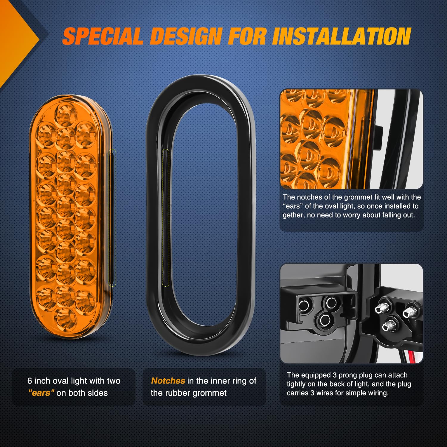 Nilight 6Inch Oval Trailer Tail Light 2Pcs Amber 24Led Turn Signal Lights W/Flush Mount Grommets Plugs Ip67 Waterproof For 12V T